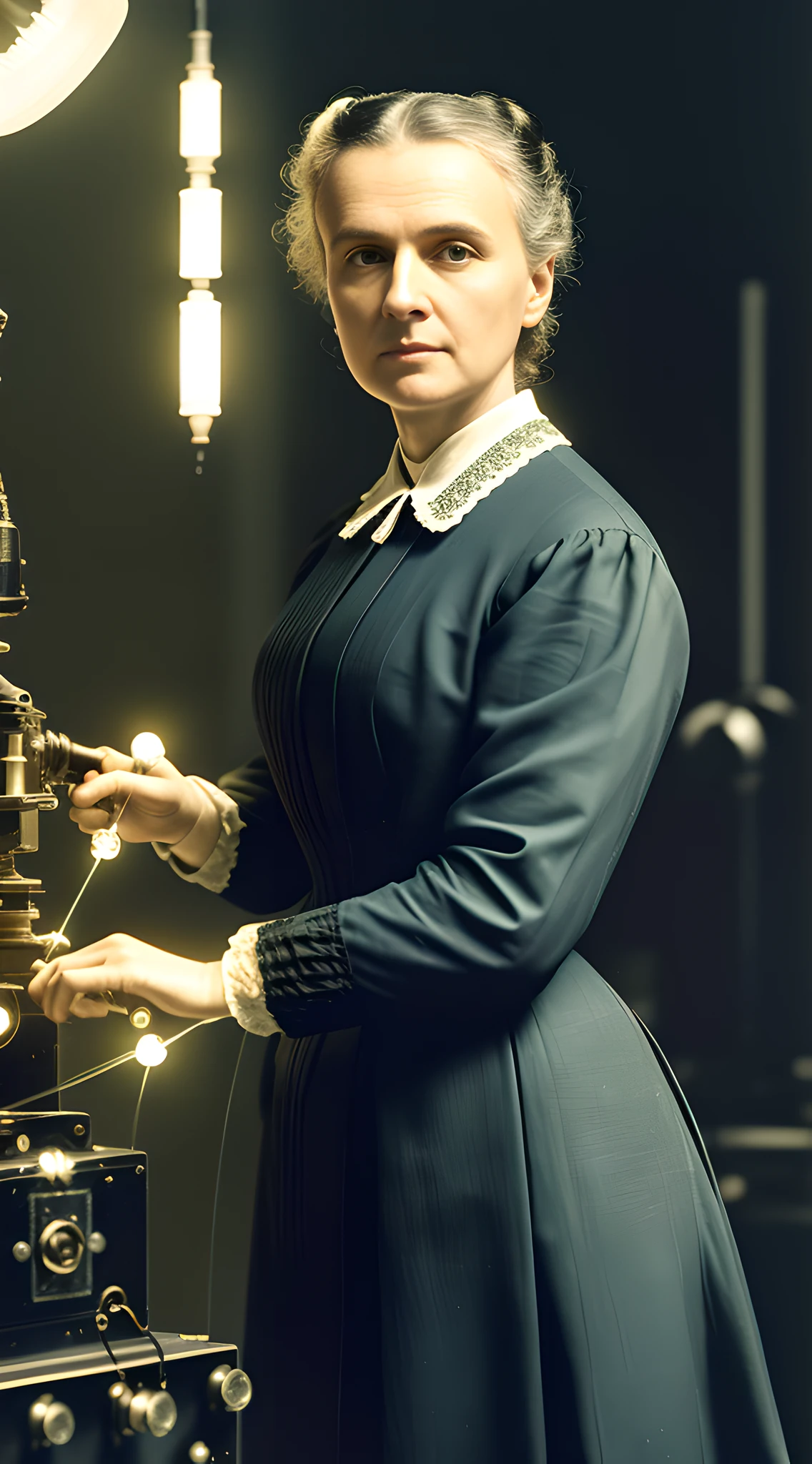 (masterpiece, 8K, UHD, photo-realistic:1.3), Marie Curie, deep in concentration, (early 20th-century attire:1.2), lace-collared blouse, elegant updo, backdrop of a (radiography unit:1.4), gleaming metal, vintage dials and switches, laboratory setting, delicate light from a single bulb, cool colors, dynamic angle, looking at viewer.