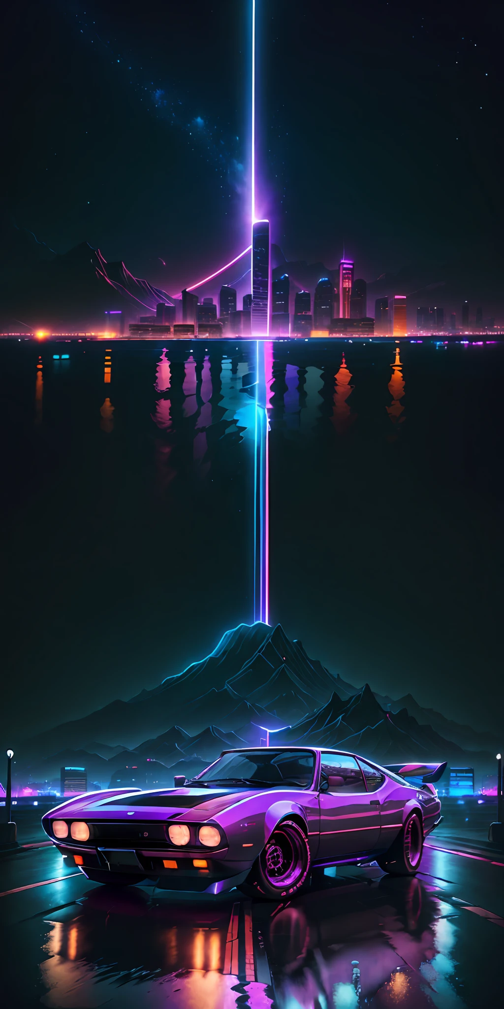 retrowave. city, 1969 Nissan S30, wide body kit, road,  purple neon lights, sun, mountain, 
(masterpiece,detailed,highres),