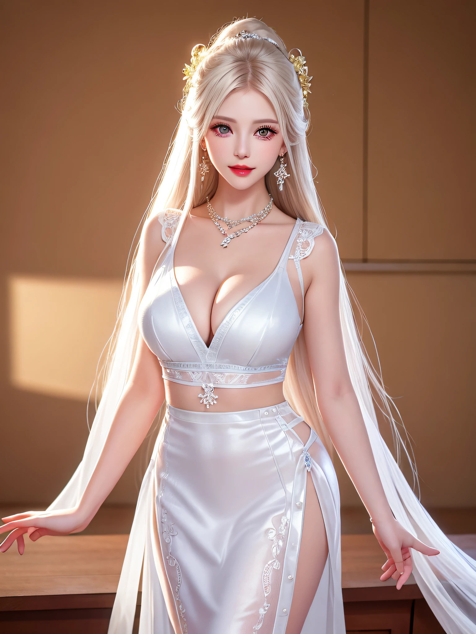 Female teacher standing in the classroom v6, necklace, earrings, full body v6, long white hair, translucent clothes, visible, superb, ultra-high-definition, RAW photo, realism: 1.25), (bright lip gloss, long eyelashes, smooth face, light skin, natural shadows, wide light, wide light, depth of field, strong colors, subtle caustics: 0.8), smile, (big tits), v6