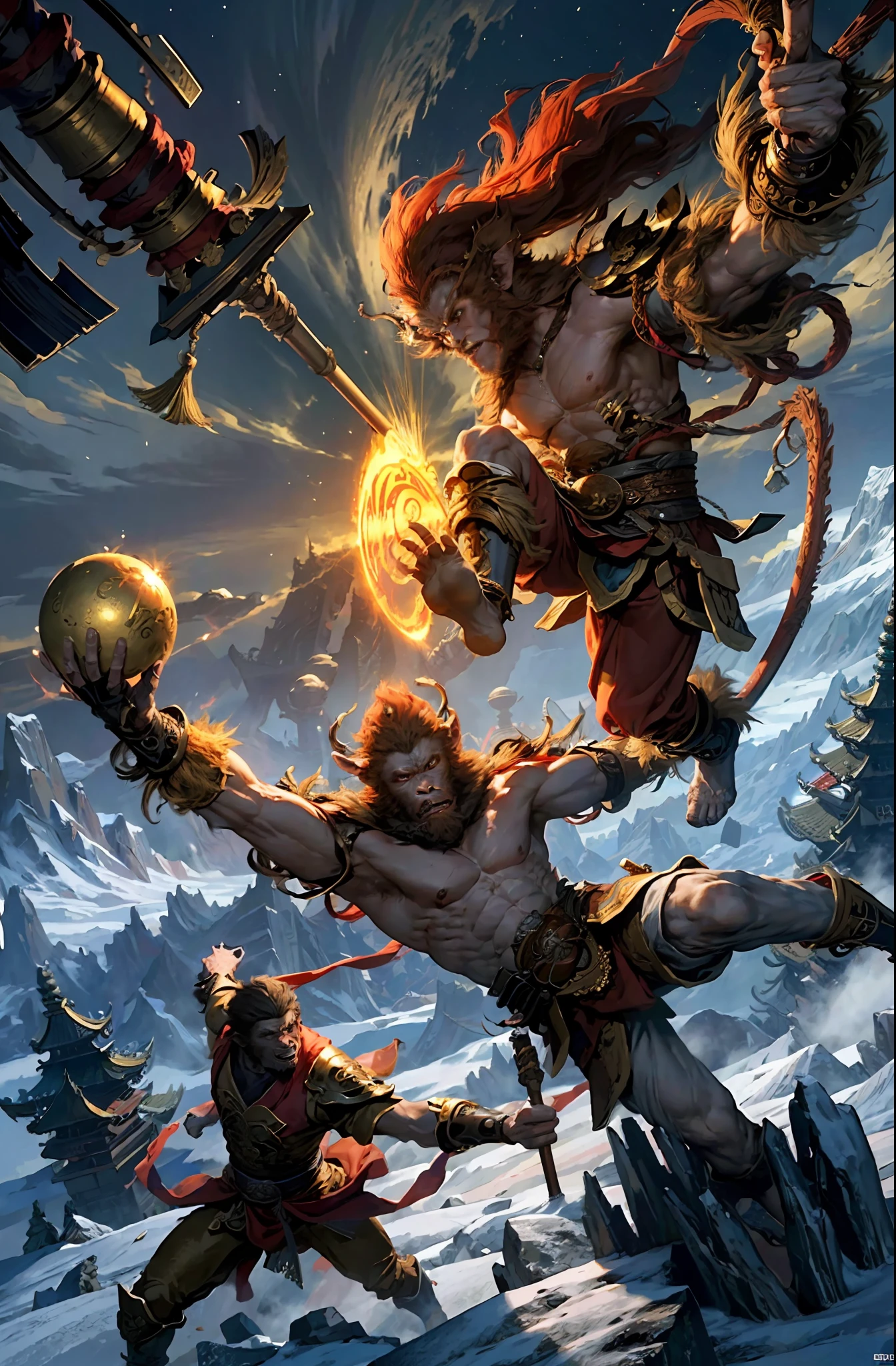 (highres:1.4),official art, unity 8k wallpaper, ultra detailed, beautiful and aesthetic, masterpiece, best quality, realistic, (fractal art), epic scene, highres, (masterpiece), (best quality), pov from above, Sun Wukong, ([golden:red]:0.4) fur, ([heavy Chinese armor:red cape]:0.4), (one hand holding the Golden Cudgel:1.2), ([monkey king|Sun Wukong]) stomp on ground ready to fly to the top of an ancient Chinese temple ready to battle, tall ancient Chinese temple, night, night sky, (cracked ground:1.2), feet on ground, monkey walking on ground, snow and cloud on the horizon, flying,