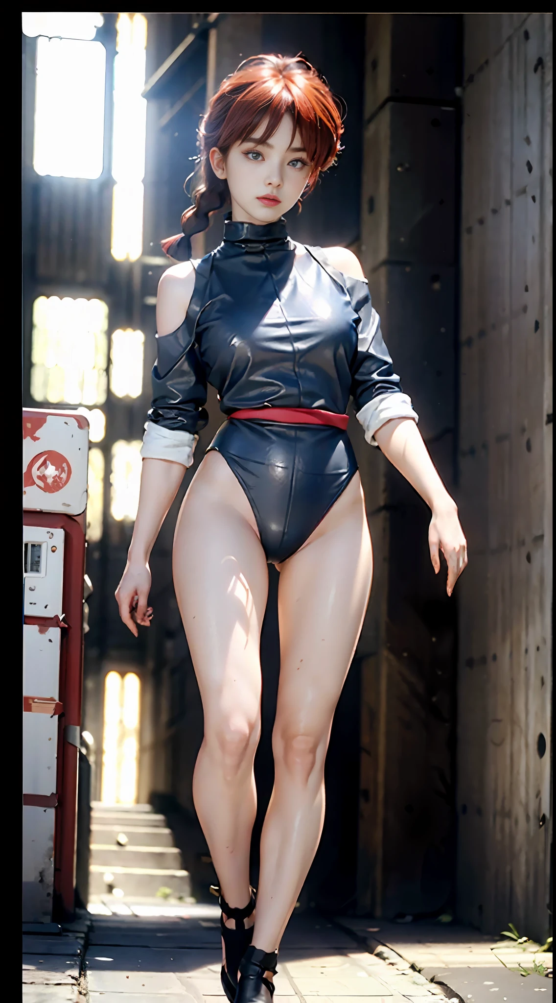 Ranma-chan, single ginger braid RAW, Masterpiece, Ultra Fine Photo,, Best Quality, Ultra High Resolution, Photorealistic, Sunlight, Full Body Portrait, Stunningly Beautiful,, Dynamic Poses, Delicate Face, Vibrant Eyes, (Side View) , she is wearing a futuristic tangzhuang costume, skinny leather panties, turtleneck top, off shoulders, very detailed background, detailed face, detailed busy background, messy, gorgeous, milky white, high detailed skin, realistic skin detail, visible pores, sharp focus, volumetric fog, 8k uhd, dslr, high quality, film grain, fair skin, photorealism, lomography, sprawling metropolis in a futuristic dystopia , seen from below, translucent