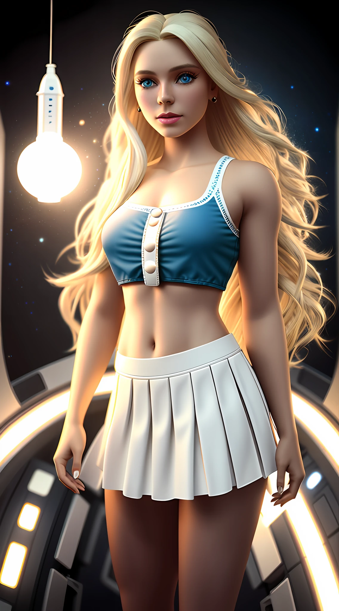 tiktok girl, close up (standing:1.21) blonde hair , long-hair , victorian era , white microskirt, crop top , in a space ship , jewelry, (full_body:1.4), (realistic:1.4), masterpiece, high quality, realistic lighting, center of frame, 8k, hdr, amateur, (freckles:0.84) , photography, amateur