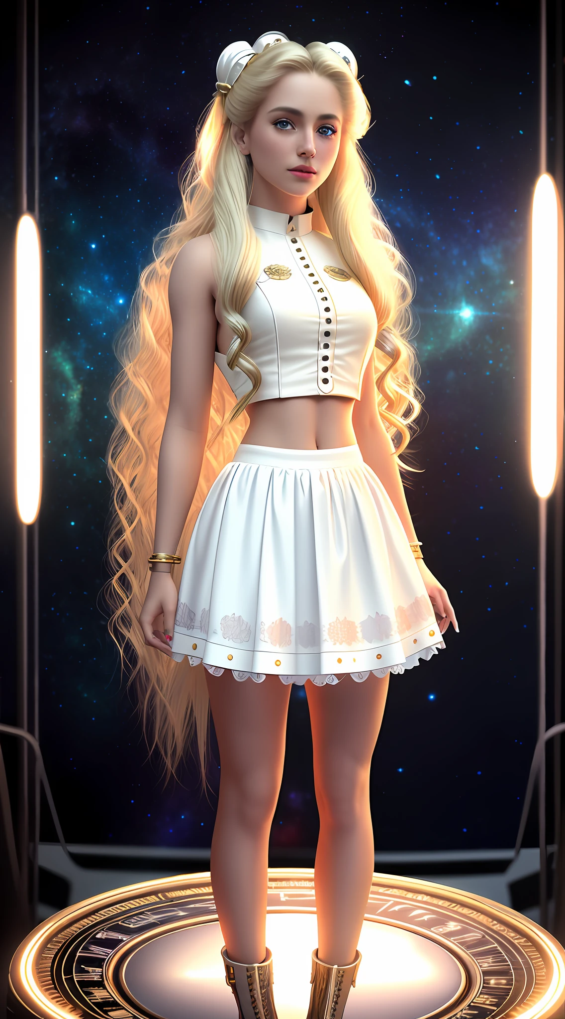 tiktok girl, close up (standing:1.21) blonde hair , long-hair , victorian era , white microskirt, crop top , in a space ship , jewelry, (full_body:1.4), (realistic:1.4), masterpiece, high quality, realistic lighting, center of frame, 8k, hdr, amateur, (freckles:0.84) , photography, amateur