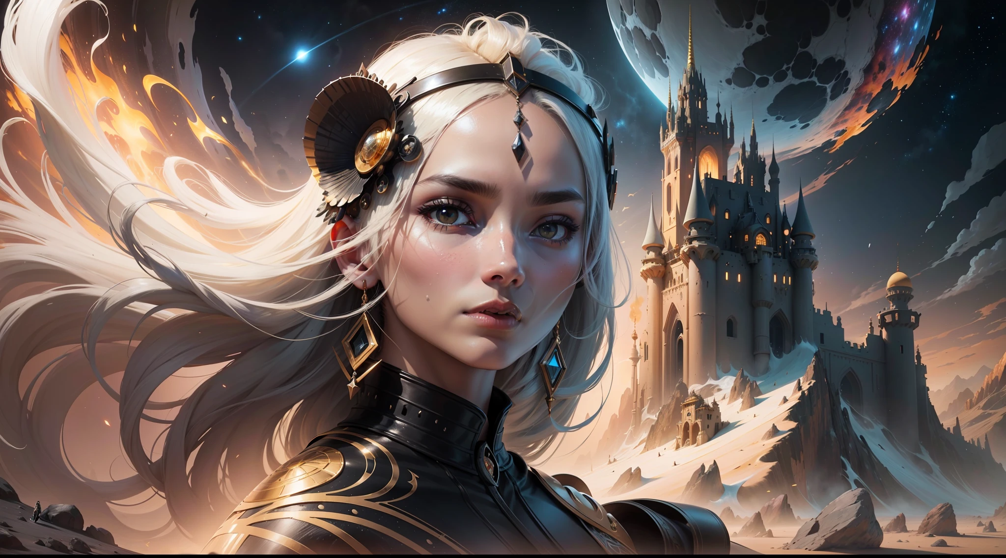 Unexplored planet, with three satellites, view of sand dunes, golden castle, rocks, woman on living creatures, detailed face, white and black clothes, dark image, fog, night, --auto --s2