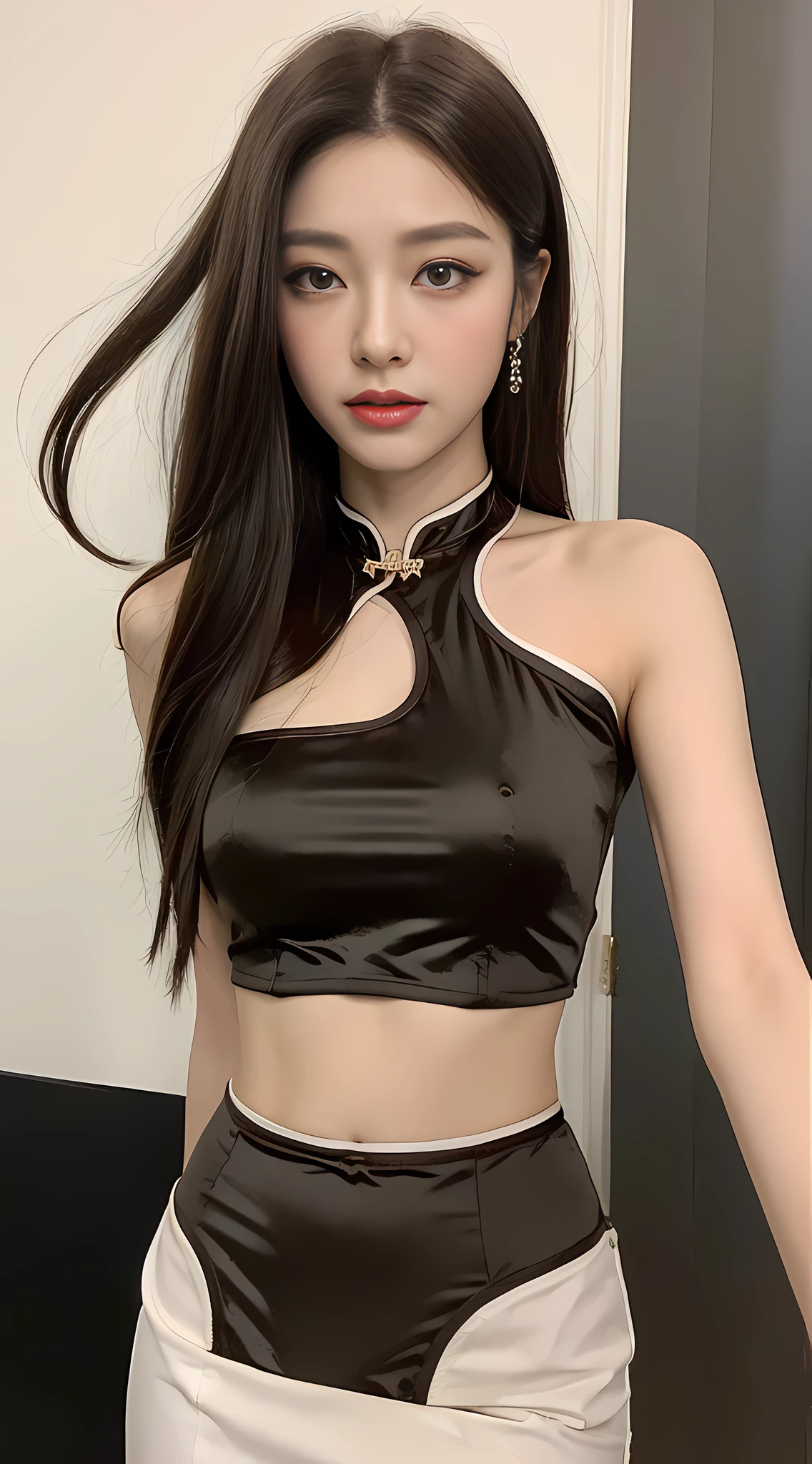 ((Realistic lighting, Best quality, 8K, Masterpiece: 1.3)), Clear focus: 1.2, 1girl, Perfect body beauty: 1.4, Slim abs: 1.1, ((dark brown hair)), (Cheongsam outfit: 1.4), (Outdoor, White room: 1.1), Seaside, standing, full body, Super fine face, fine eyes, double eyelids,