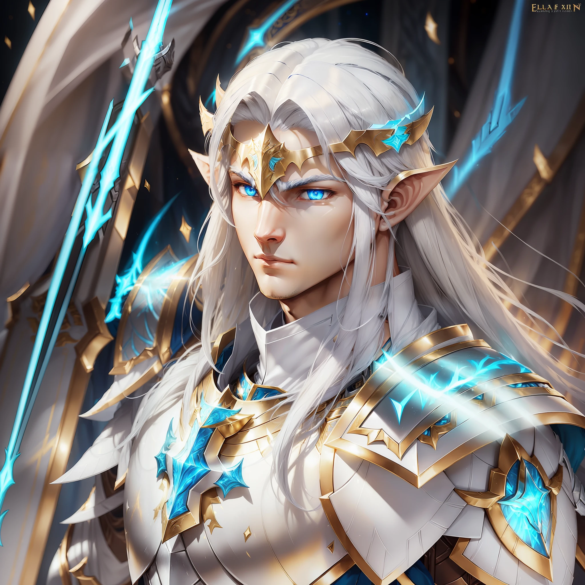 A young, strong, handsome elf with blue pupils, body image, white hair, a confident expression, a look from above to the front, wearing beautiful white armor with golden patterns all over the armor, exuding light golden glow, large shield in the hands in resting posture, a paladin of justice, posture of defense against attacks