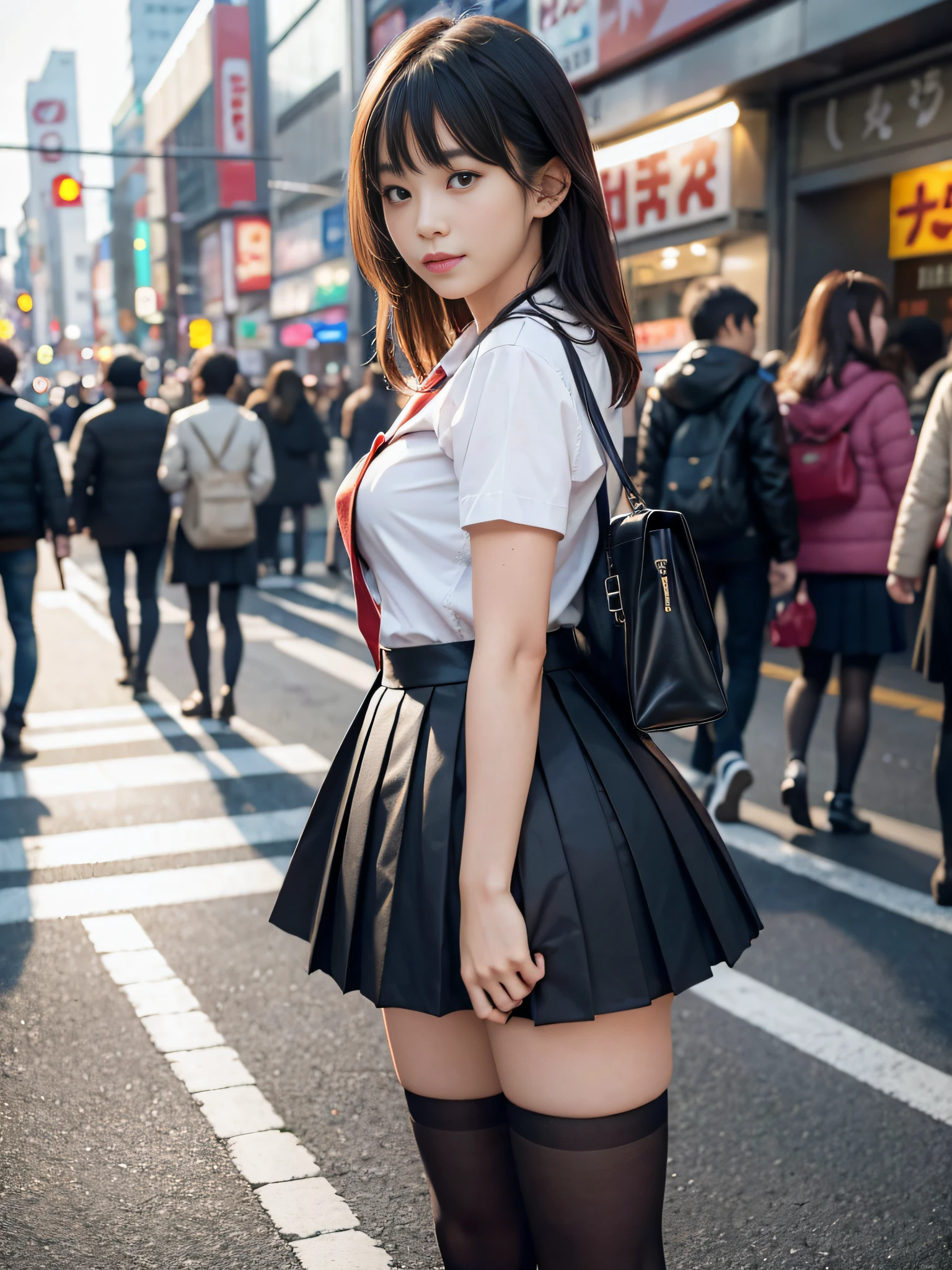 Top quality, masterpiece, ultra high resolution, (photorealistic: 1.4), highly detailed CG Unity 8k wallpaper, intricate, original, high resolution, raw photos, (perfect body shape), fine and complex, DSLR, soft lighting, high quality, film grain, fujifilm XT3, 50mm lens, panorama, backlight, HDR, hyperreal, Color Grade, Dynamic Pose, Japan People, Smile, Lips, Bangs, (Crowded Akihabara: 1.2), Front View Viewer, Natural Light, Girl, Full Body, Solo, High School, Student, Uniform, Sailor Color, Bobby Socks, Pleated Skirt, Day, Street, Deep Shadow, Unobtrusive, Cold Light 12000K\\ Street, Store Status, Akihabara, Shinjuku, Shibuya