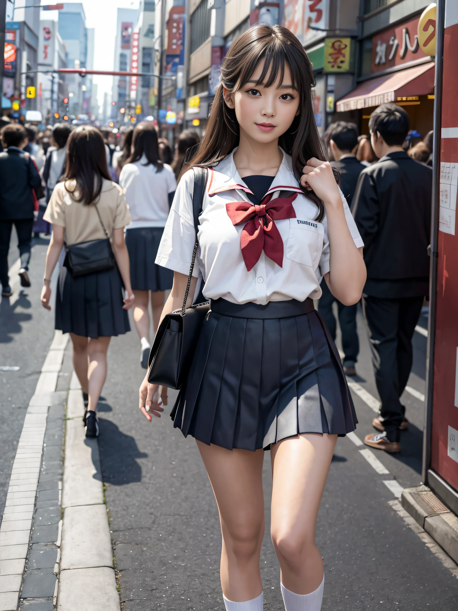 Top quality, masterpiece, ultra high resolution, (photorealistic: 1.4), highly detailed CG Unity 8k wallpaper, intricate, original, high resolution, raw photos, (perfect body shape), fine and complex, DSLR, soft lighting, high quality, film grain, fujifilm XT3, 50mm lens, panorama, backlight, HDR, hyperreal, Color Grade, Dynamic Pose, Japan People, Smile, Lips, Bangs, (Crowded Akihabara: 1.2), Front View Viewer, Natural Light, Girl, Full Body, Solo, High School, Student, Uniform, Sailor Color, Bobby Socks, Pleated Skirt, Day, Street, Deep Shadow, Unobtrusive, Cold Light 12000K\\ Street, Store Status, Akihabara, Shinjuku, Shibuya
