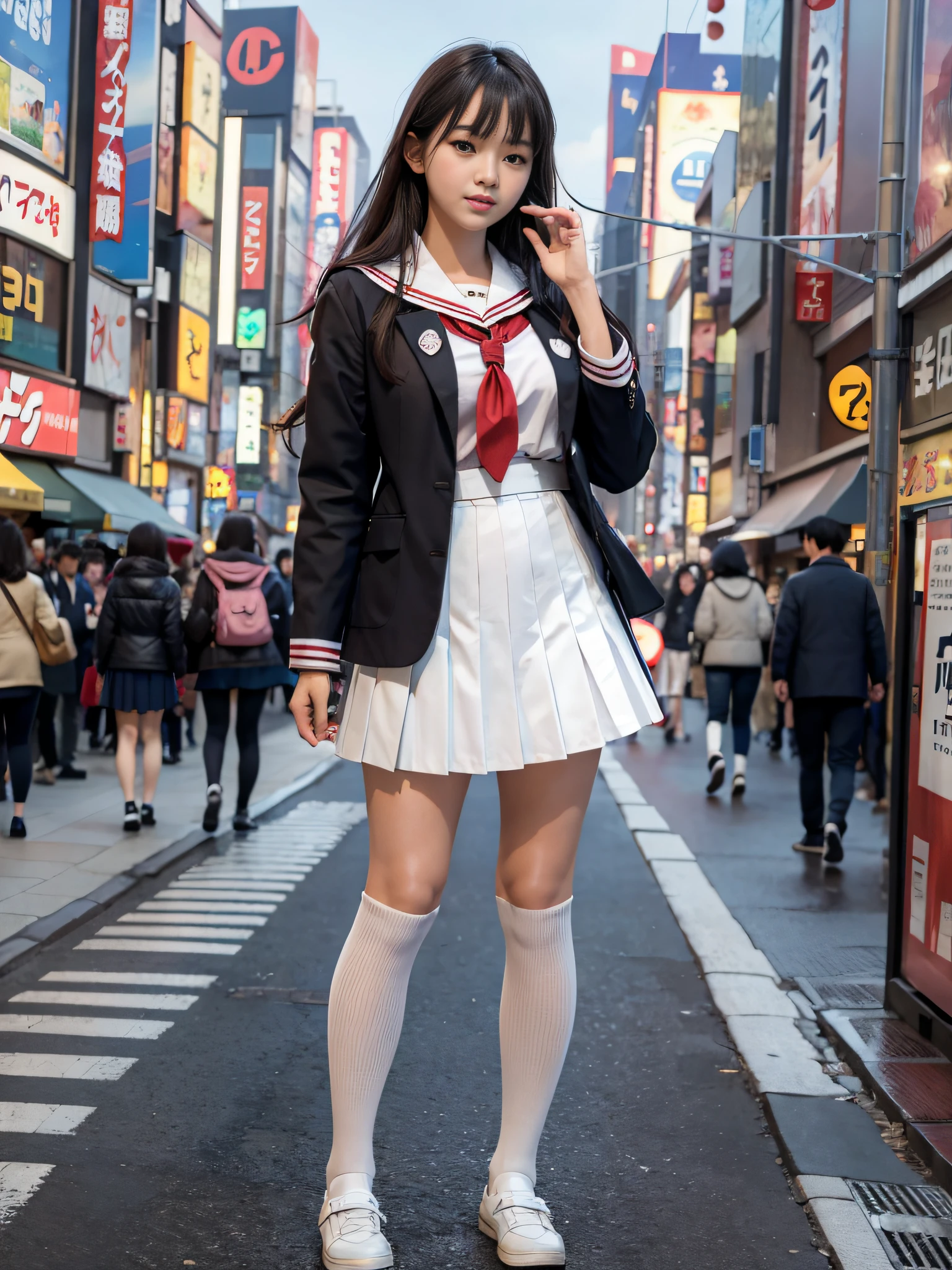 Top quality, masterpiece, ultra high resolution, (photorealistic: 1.4), highly detailed CG Unity 8k wallpaper, intricate, original, high resolution, raw photos, (perfect body shape), fine and complex, DSLR, soft lighting, high quality, film grain, fujifilm XT3, 50mm lens, panorama, backlight, HDR, hyperreal, Color Grade, Dynamic Pose, Japan People, Smile, Lips, Bangs, (Crowded Akihabara: 1.2), Front View Viewer, Natural Light, Girl, Full Body, Solo, High School, Student, Uniform, Sailor Color, Bobby Socks, Pleated Skirt, Day, Street, Deep Shadow, Unobtrusive, Cold Light 12000K\\ Street, Store Status, Akihabara, Shinjuku, Shibuya