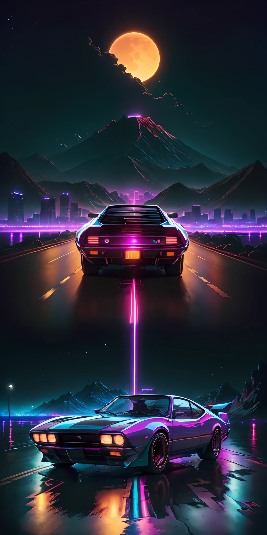 retrowave. city, 1969 Nissan S30, wide body kit, road,  purple neon lights, sun, mountain, 
(masterpiece,detailed,highres),