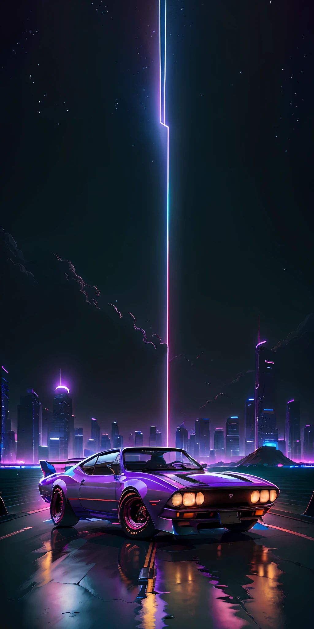 retrowave. city, 1969 Nissan S30, wide body kit, road,  purple neon lights, sun, mountain, 
(masterpiece,detailed,highres),