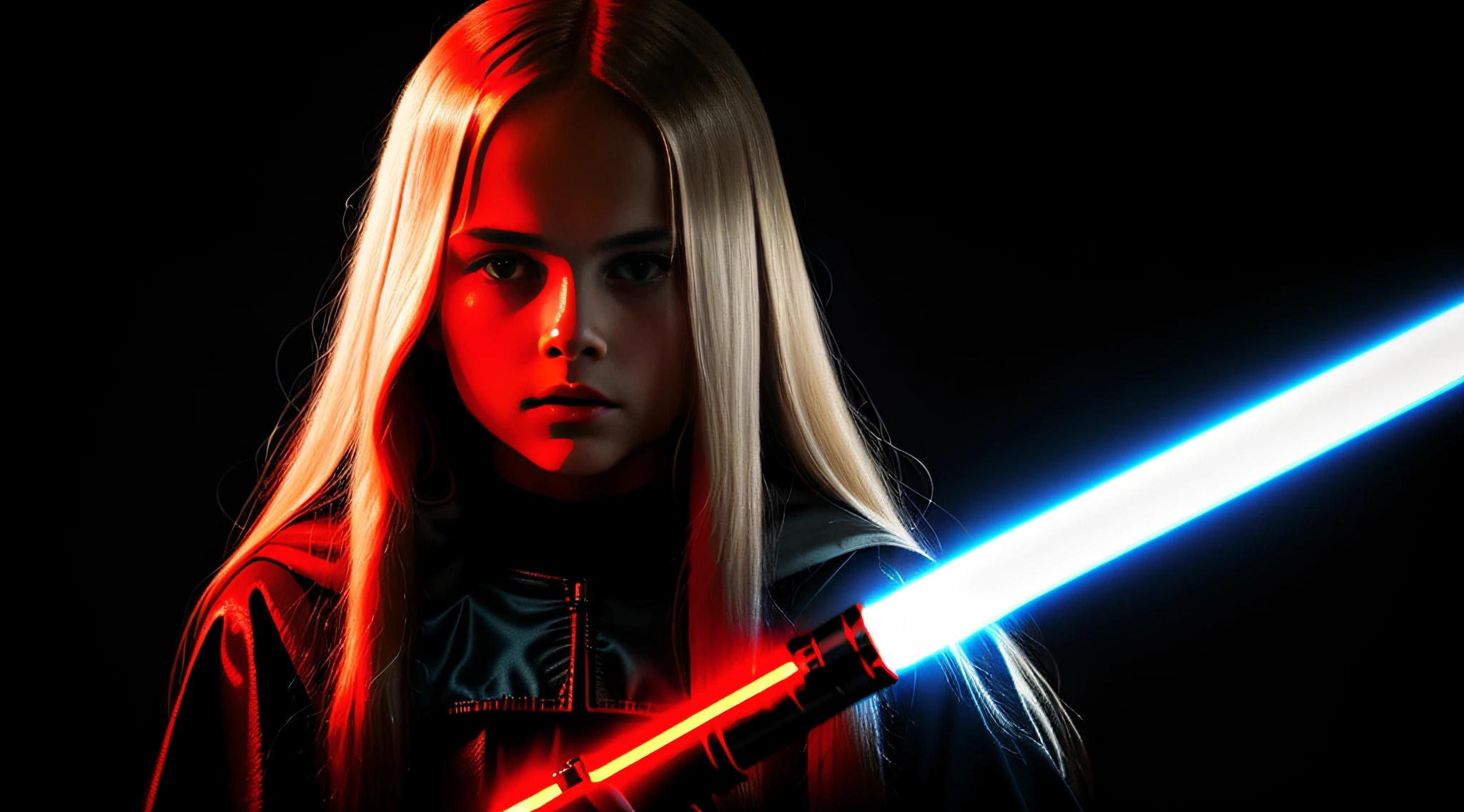 RUSSIAN GIRL 10 YEARS OLD WITH LONG STRAIGHT BLONDE HAIR, PORTRAIT STYLE, CLOSEUP, CLOSEUP standing in a dark room with a red lightsaber, Sith Lord. Dramatic lighting, 4 k lightsaber wallpaper, holding the lightsaber.