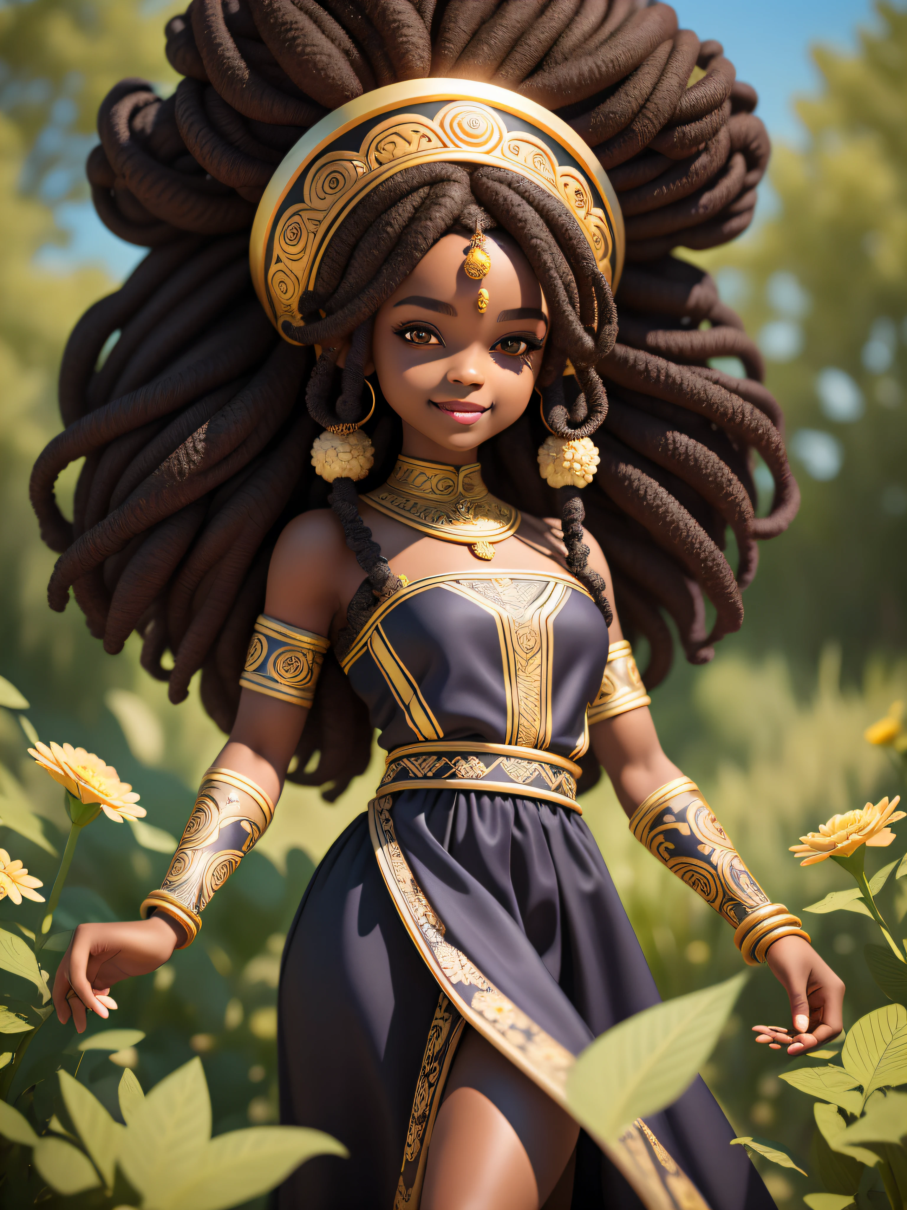 (masterpiece),(best quality),(ultra-detailed), mid body, black woman, teenager, warrior, fantasy universe, long dress black, light smile, flower, outdoors, turban, :3, afro clothes, princess, blurry, brown hair, black hair, background abstract (beautiful detailed face), (beautiful detailed eyes),