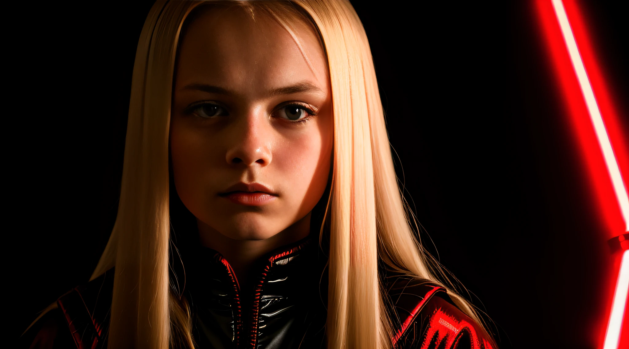 RUSSIAN GIRL WITH LONG STRAIGHT BLONDE HAIR, PORTRAIT STYLE, CLOSEUP, CLOSEUP standing in a dark room with a red lightsaber, Sith Lord. Dramatic lighting, 4 k lightsaber wallpaper, holding the lightsaber.