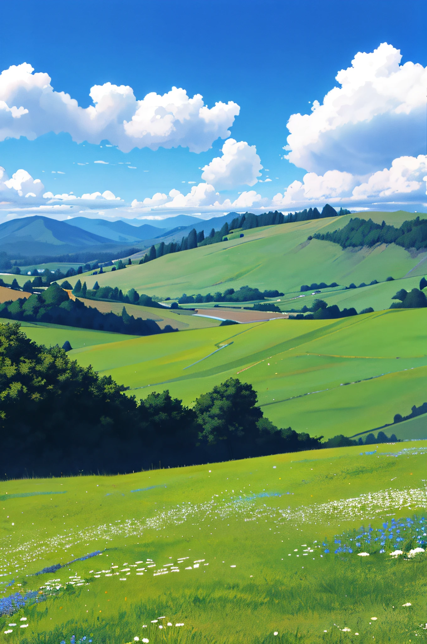 Blue sky with white clouds, beautiful meadows and hills
