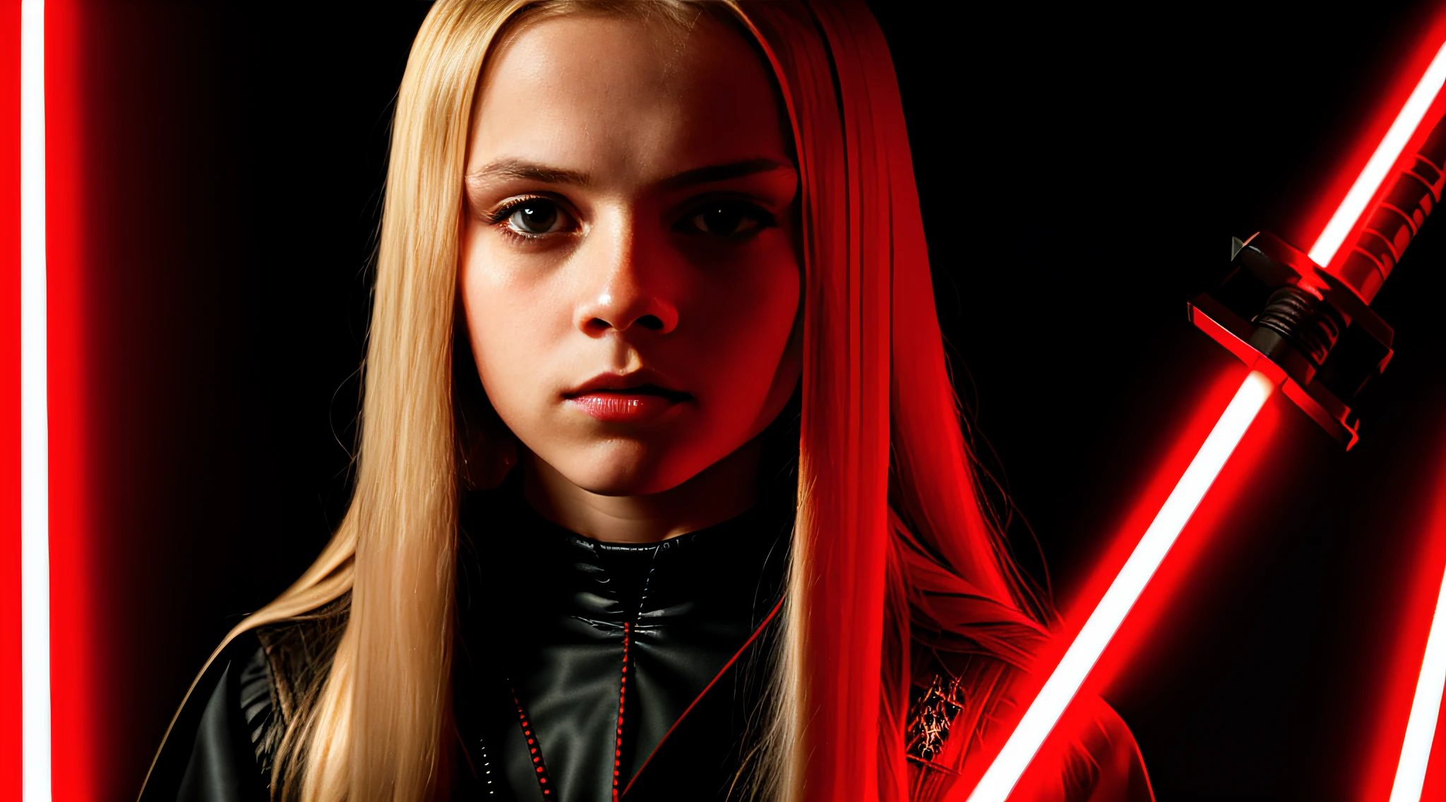 RUSSIAN GIRL WITH LONG STRAIGHT BLONDE HAIR, PORTRAIT STYLE, CLOSEUP, CLOSEUP standing in a dark room with a red lightsaber, Sith Lord. Dramatic lighting, 4 k lightsaber wallpaper, holding the lightsaber.