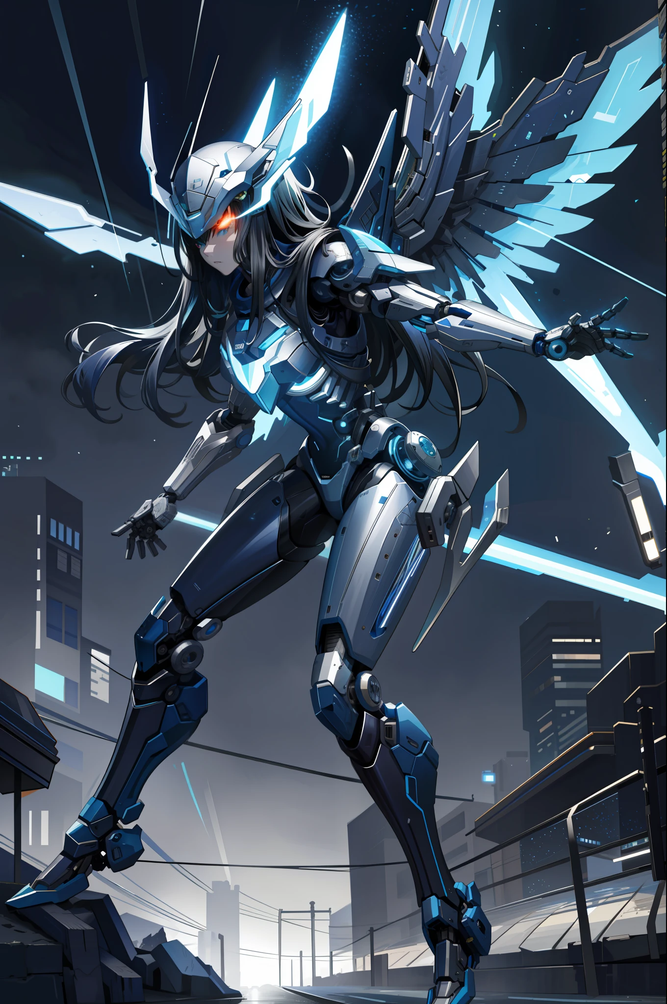 masterpiece,best quality,ultra-detailed,very detailed illustrations,extremely detailed,intricate details,highres,super complex details,extremely detailed 8k cg wallpaper, caustics,reflection,ray tracing, 1girl:1.4), solo, alone, (blue_theme:1.3), (grey_theme:1.3), (mecha musume, mechanical parts ,robot joints, mechanical arm, mechanical legs, headgear, intricate mechanical bodysuit, mechanical energy wings), (robes), very long hair, black hair, blue eyes, glowing eye, eye trail, random expressions, random action, tokyo, city, alley, dark alley, night time, raining, neon lights, detailed background, ((masterpiece)), absurdres, HDR,  (Classic headshot pose), extremely detailed 8K wallpaper,cyberpunk city,masterpiece,highres,detailed manga illustration,