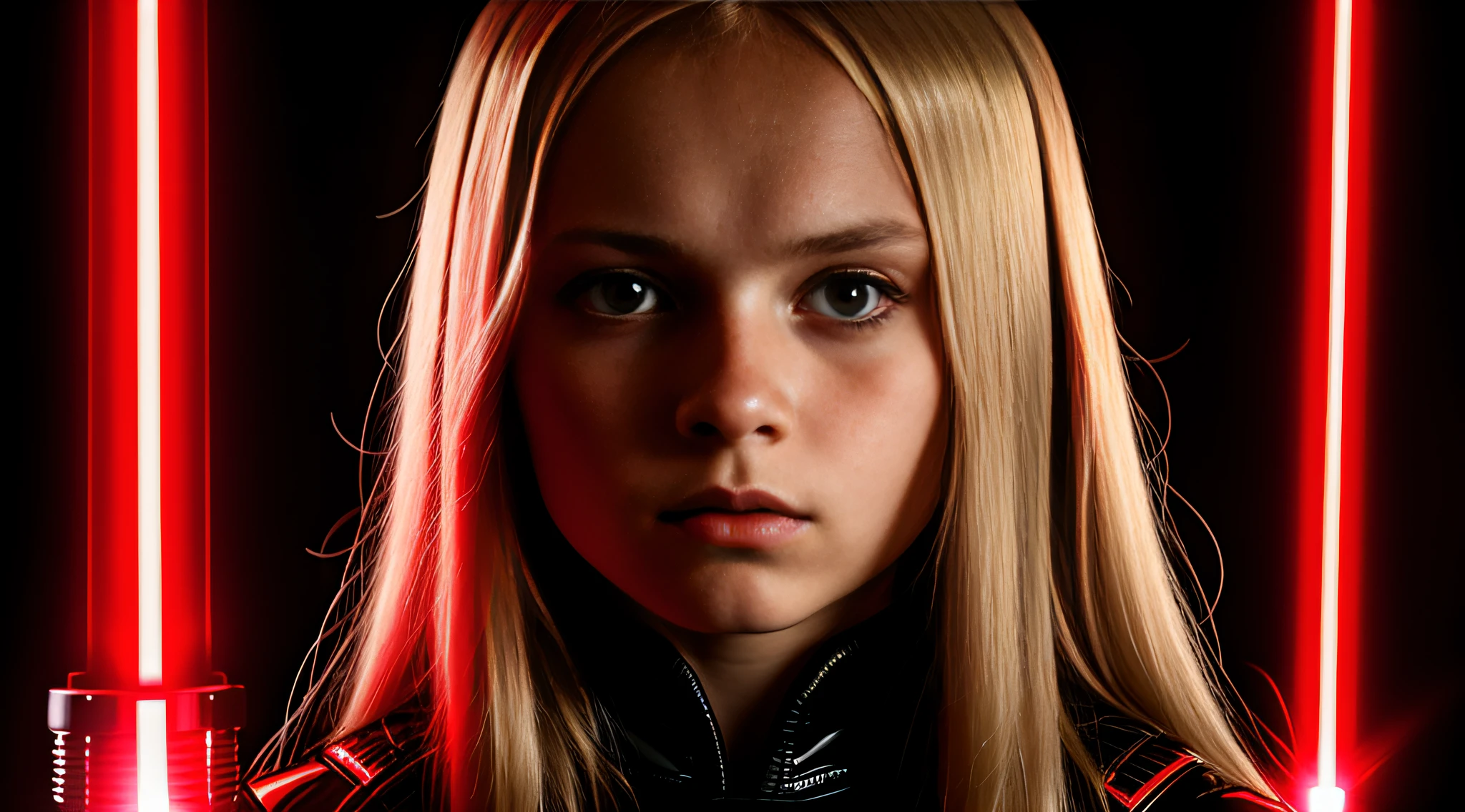 RUSSIAN GIRL 10 YEARS OLD WITH LONG STRAIGHT BLONDE HAIR, PORTRAIT STYLE, CLOSEUP, CLOSEUP standing in a dark room with a red lightsaber, Sith Lord. Dramatic lighting, 4 k lightsaber wallpaper, holding the lightsaber.