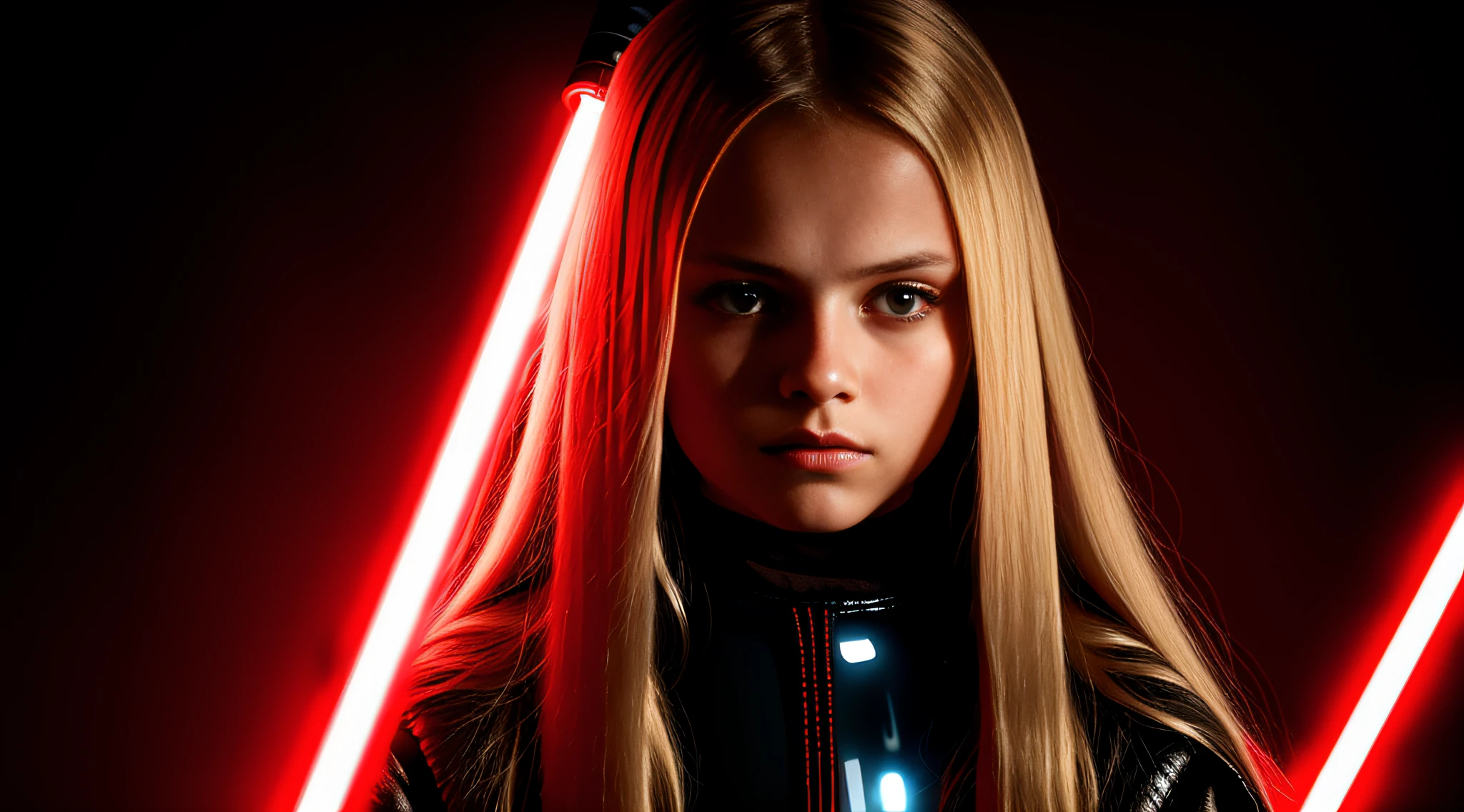 RUSSIAN GIRL 10 YEARS OLD WITH LONG STRAIGHT BLONDE HAIR, PORTRAIT STYLE, CLOSEUP, CLOSEUP standing in a dark room with a red lightsaber, Sith Lord. Dramatic lighting, 4 k lightsaber wallpaper, holding the lightsaber.