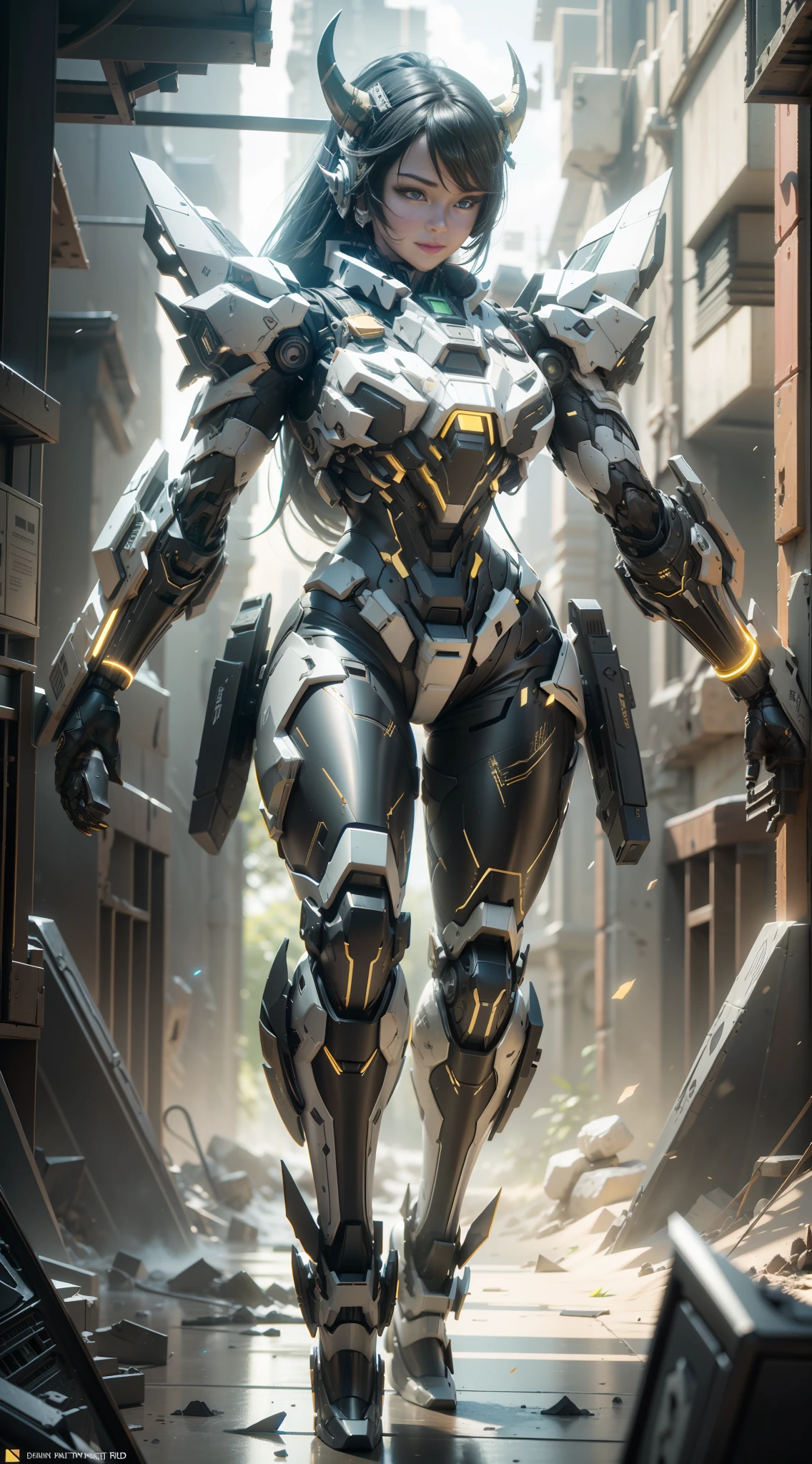 ((Best Quality)), ((Masterpiece)), (Very detailed: 1.3), 3D, Shitu-mecha, Full body, 1 beautiful woman, smile, long hair, wearing a mech in a black color scheme with horns on the head, strong, (mecha with cowhide decoration), ruins of a city in the forgotten war, ancient technology, HDR (High Dynamic Range), ray tracing, NVIDIA RTX, super resolution, Unreal 5, subsurface scattering, PBR texture, post-processing, anisotropic filtering, Depth of field, maximum sharpness and acutance, multi-layer textures, albedo and highlight maps, surface shading, accurate simulation of light-material interactions, perfect ratios, octane rendering, duotone lighting, low ISO, white balance, rule of thirds, wide aperture, 8K RAW, high efficiency sub-pixels, subpixel convolution, luminous particles, light scattering, Tyndall effect