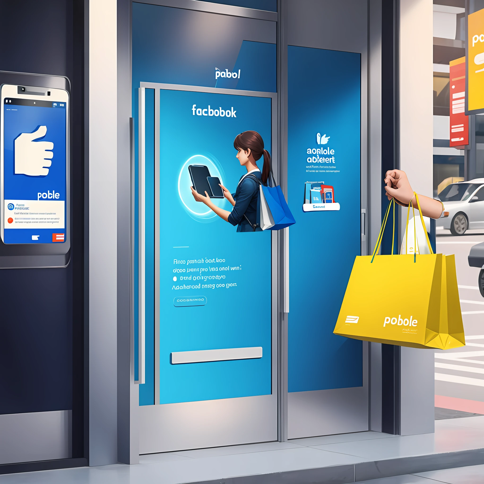 hands holding bag, pobile phone screen is portal, hands out of screen portal, bag is shopping back, ultra detailed, advertisment, facebook poster, product photography