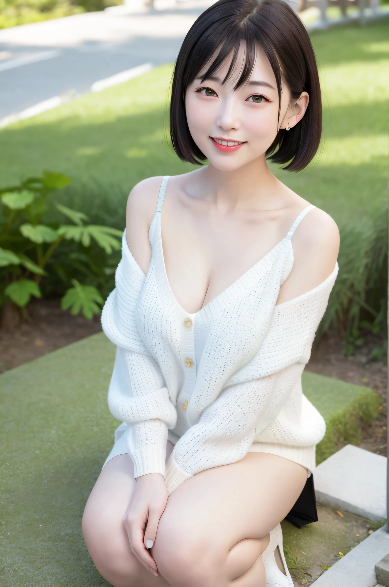 A japanese woman stands in a park in front of beach, exquisite and beautiful face, exquisite collarbone, seductive and delicate collarbone, charming fragrant shoulders, shoulders slightly exposed, open-shoulder long sweater,sky blue sweater, pretty face, (peach Red lips:1.1), tender and smooth skin,(white skin:1.6),(black hair:1.15),(bob hair:1.2), short hair,(smile:1.2),smile with teeth, white teeth,very realistic details, ultra-high resolution,bokeh,outstanding details, full body