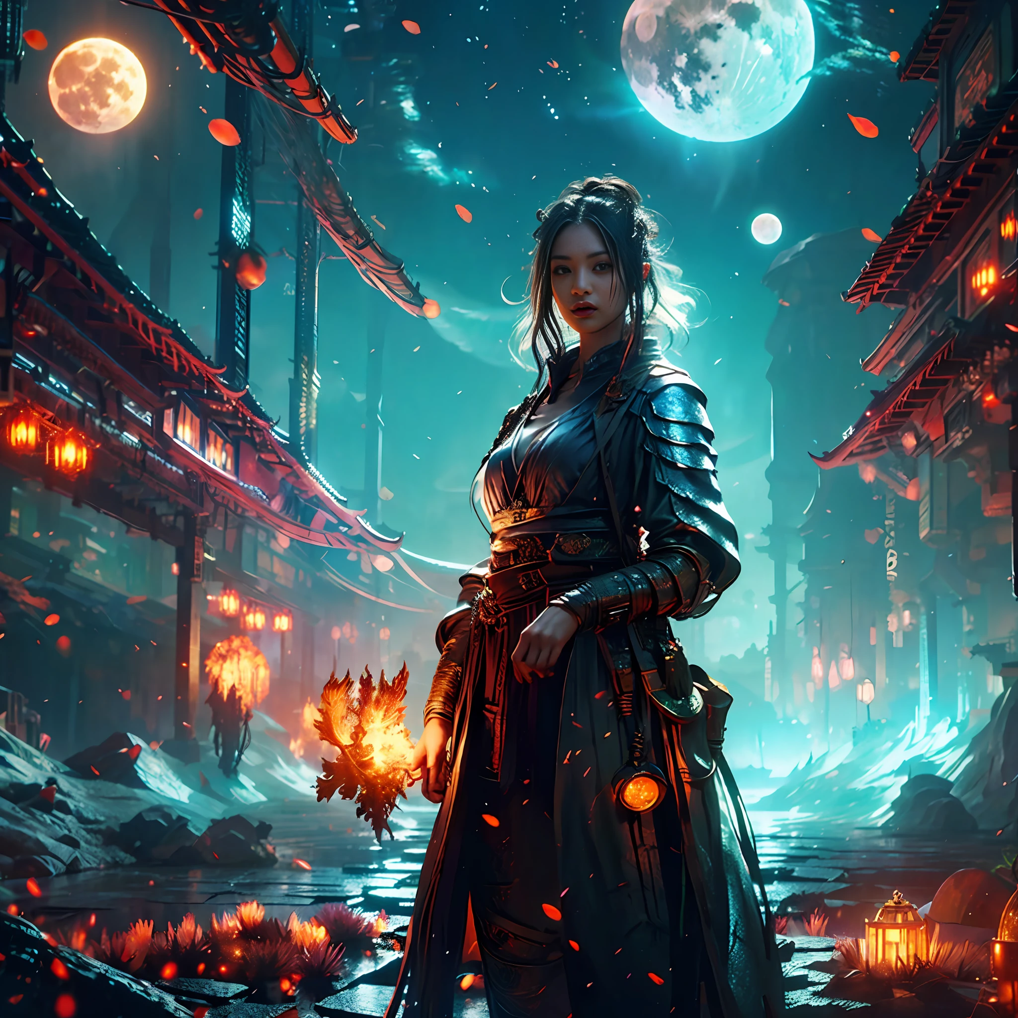 expansive landscape photograph , (a view from below that shows sky above and open field below), a girl standing on flower field looking up, (full moon:1.2), ( shooting stars:0.9), (nebula:1.3), distant mountain, tree BREAK production art, (warm light source:1.2), (Firefly:1.2), lamp, lot of purple and orange, intricate details, volumetric lighting, realism BREAK (masterpiece:1.2), (best quality), 4k, ultra-detailed, (dynamic composition:1.4), highly detailed, colorful details,( iridescent colors:1.2), (glowing lighting, atmospheric lighting), dreamy, magical, (solo:1.2)