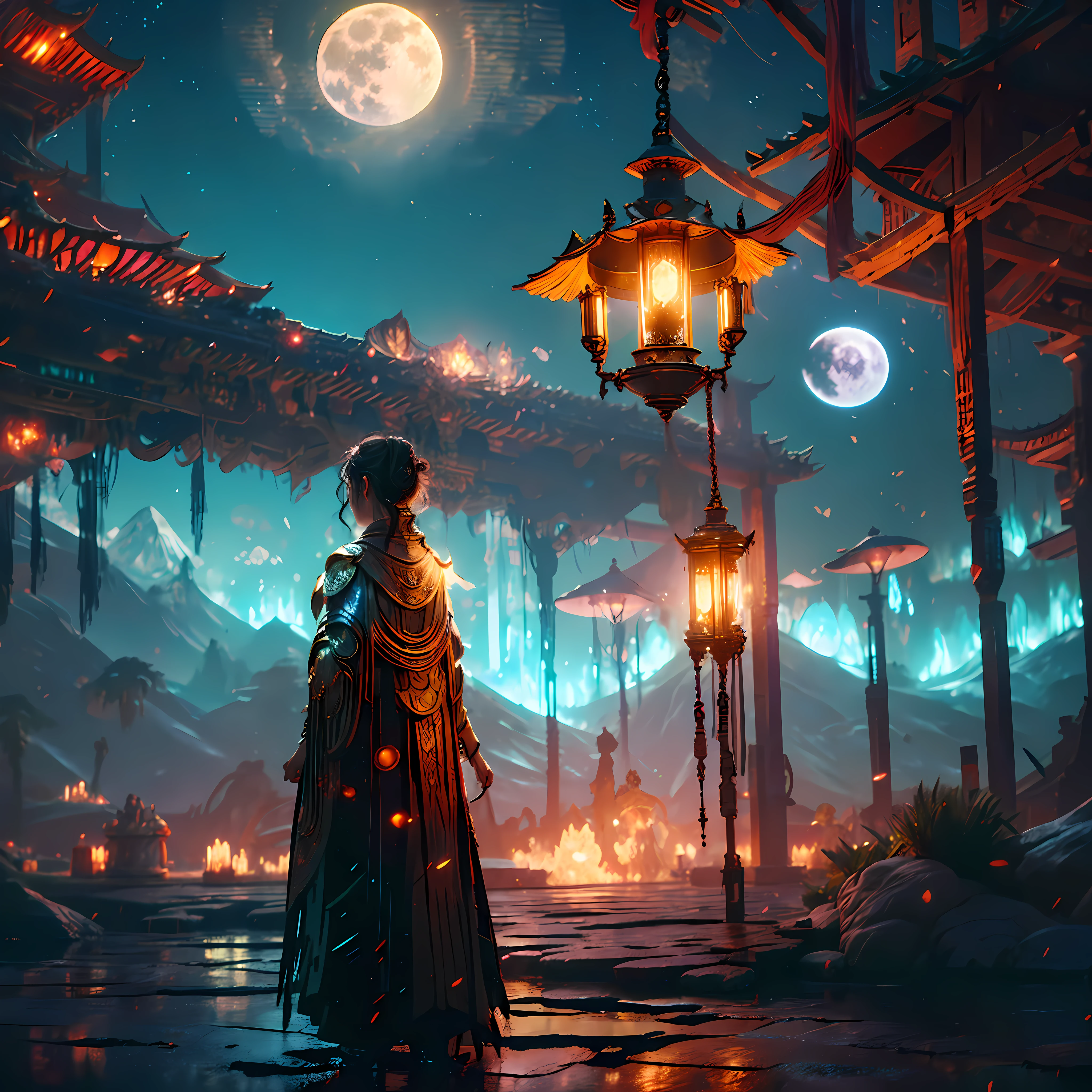 expansive landscape photograph , (a view from below that shows sky above and open field below), a girl standing on flower field looking up, (full moon:1.2), ( shooting stars:0.9), (nebula:1.3), distant mountain, tree BREAK production art, (warm light source:1.2), (Firefly:1.2), lamp, lot of purple and orange, intricate details, volumetric lighting, realism BREAK (masterpiece:1.2), (best quality), 4k, ultra-detailed, (dynamic composition:1.4), highly detailed, colorful details,( iridescent colors:1.2), (glowing lighting, atmospheric lighting), dreamy, magical, (solo:1.2)
