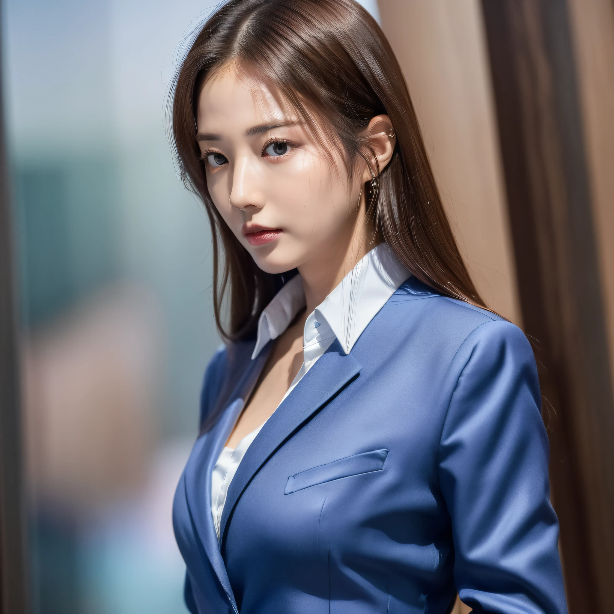 ((Top Quality, 8k, Masterpiece:1.3)), Full Body, Beauty, ((((1)))), Slender Figure: 1.1, Dark Brown Hair, Blue Suit, Ultra Detail Face, Detail Lip, Detail Eye, Double Eyelids,White Shirt