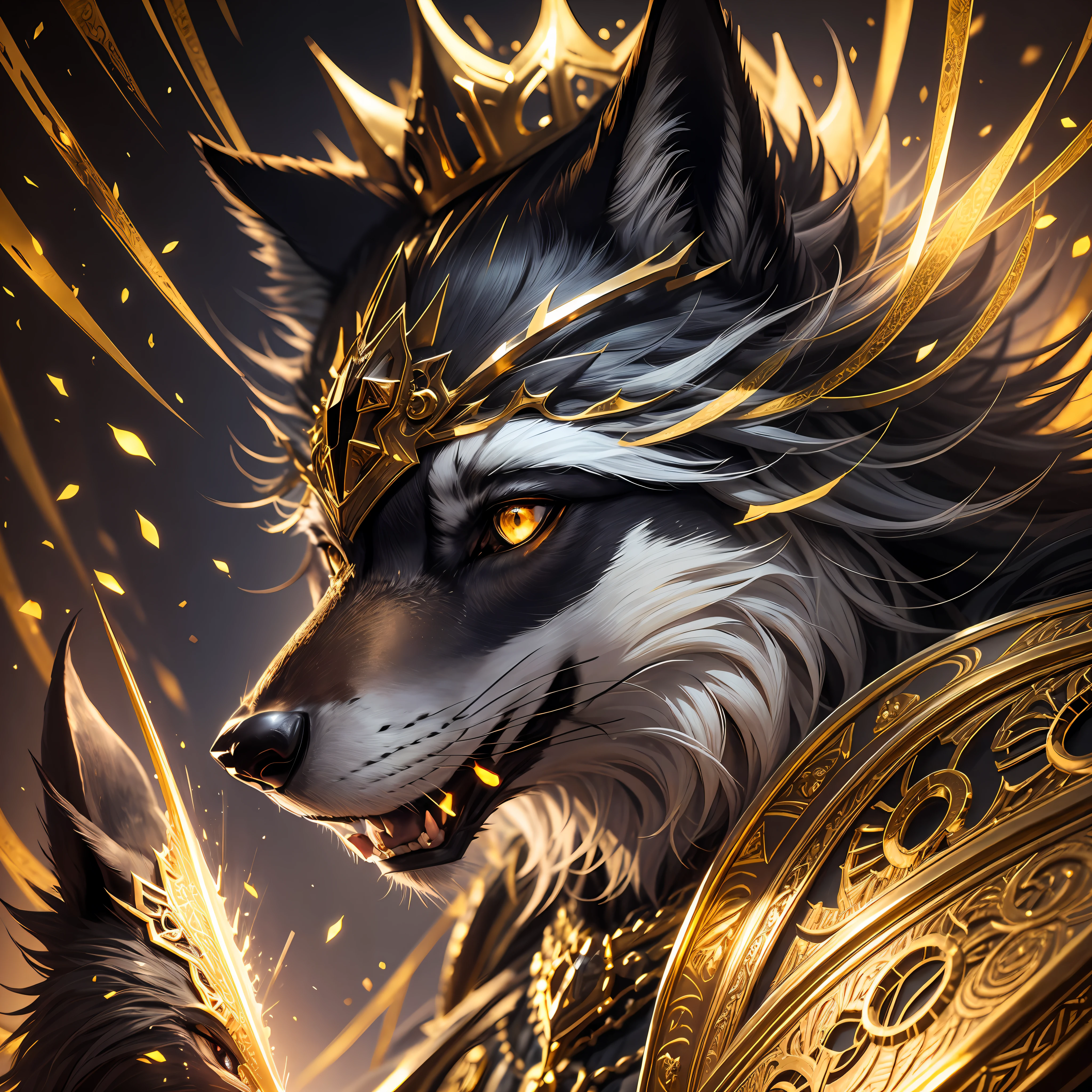 black wolf king in gold crown, fantasy, dramatic lighting, cinematic, ultra details --auto --s2