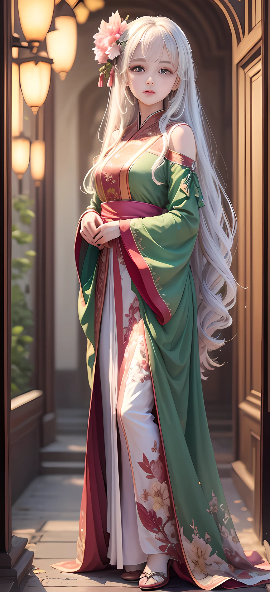 There is a girl in a green dress, plum blossoms, palaces, oriental architecture ray tracing, {best quality}, {{masterpiece}}, extremely detailed 8K wallpaper, {an extremely delicate and beautiful}, colorful, intricately detailed, Realistic, real, camera quality, (detailed depiction of clothes), cool white skin, (detailed depiction of blush), 1080p, sun, soft cuteness, smooth light silver hair, messy beauty, lighting, broken feeling, bright and silky skin , 3D stereoscopic, masterpiece, best quality, super fine illustration, beautiful eyes, very fine light, fine glow, very fine 8K CG wallpaper, peach eyes, red pupils, an extremely delicate and beautiful girl, 8k Wallpaper, best quality, full body close-up, white long dress, luxurious silky bright red chiffon floodlight (magic, glitter, ultra-thin, soft,) Hanfu --auto --s2