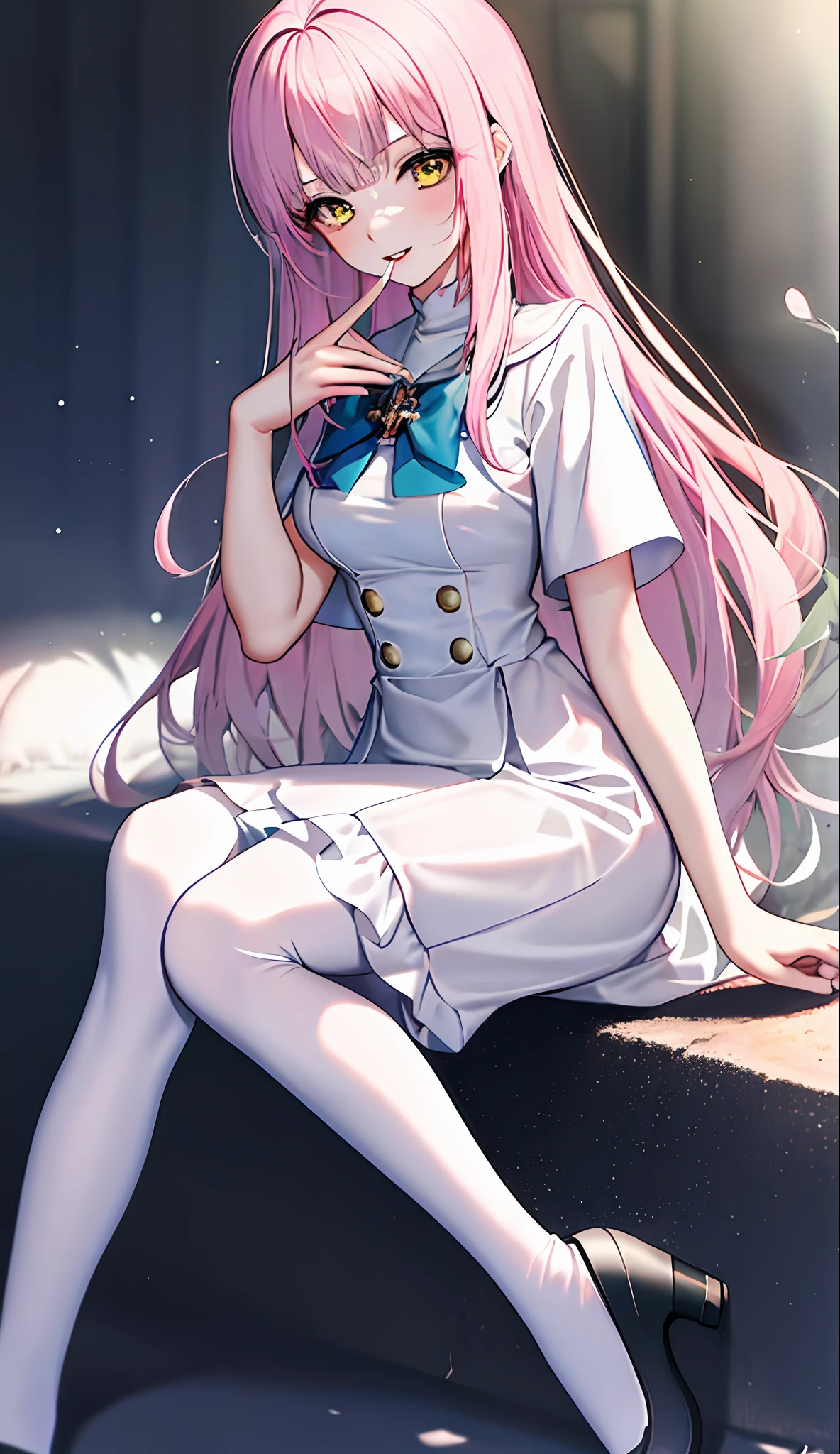 18 year old beautiful girl, masterpiece, top quality, 8K anime, gentle expression, detailed fingers, precise fingers, not unnatural hands, illustration, 1 girl, solo, pink long hair, short sleeved white dress, yellow eyes, white knee socks, sagging eyes, MIKA