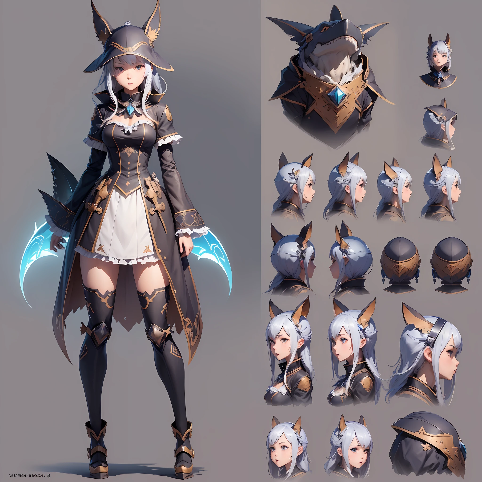 ((((Masterpiece)), ((Best Quality))), (((Detailed Face))), ((vtuber character design sheet, same character, front, side, back)), Anime Girl, Shark's Hat, Shark Element, Akihiko Yoshida's concept art, pixiv, new Dada, mechanized art concept, funny character design, ((character concept art)), great character design, Neil automata concept art, illustration, folklore. The environment scene changes, the posture is the same, character profile, reference sheet, turnaround, logo (simple background, white background: 1.3) waiting to start) --auto --s2