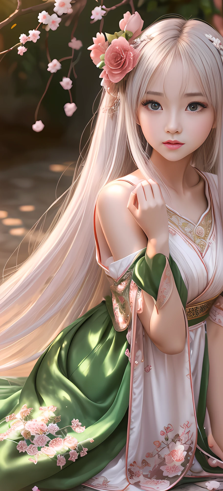 There is a girl in a green dress, plum blossoms, palaces, oriental architecture ray tracing, {best quality}, {{masterpiece}}, extremely detailed 8K wallpaper, {an extremely delicate and beautiful}, colorful, intricately detailed, Realistic, real, camera quality, (detailed depiction of clothes), cool white skin, (detailed depiction of blush), 1080p, sun, soft cuteness, smooth light silver hair, messy beauty, lighting, broken feeling, bright and silky skin , 3D stereoscopic, masterpiece, best quality, super fine illustration, beautiful eyes, very fine light, fine glow, very fine 8K CG wallpaper, peach eyes, red pupils, an extremely delicate and beautiful girl, 8k Wallpaper, best quality, full body close-up, white long dress, luxurious silky bright red chiffon floodlight (magic, glitter, ultra-thin, soft,) Hanfu --auto --s2