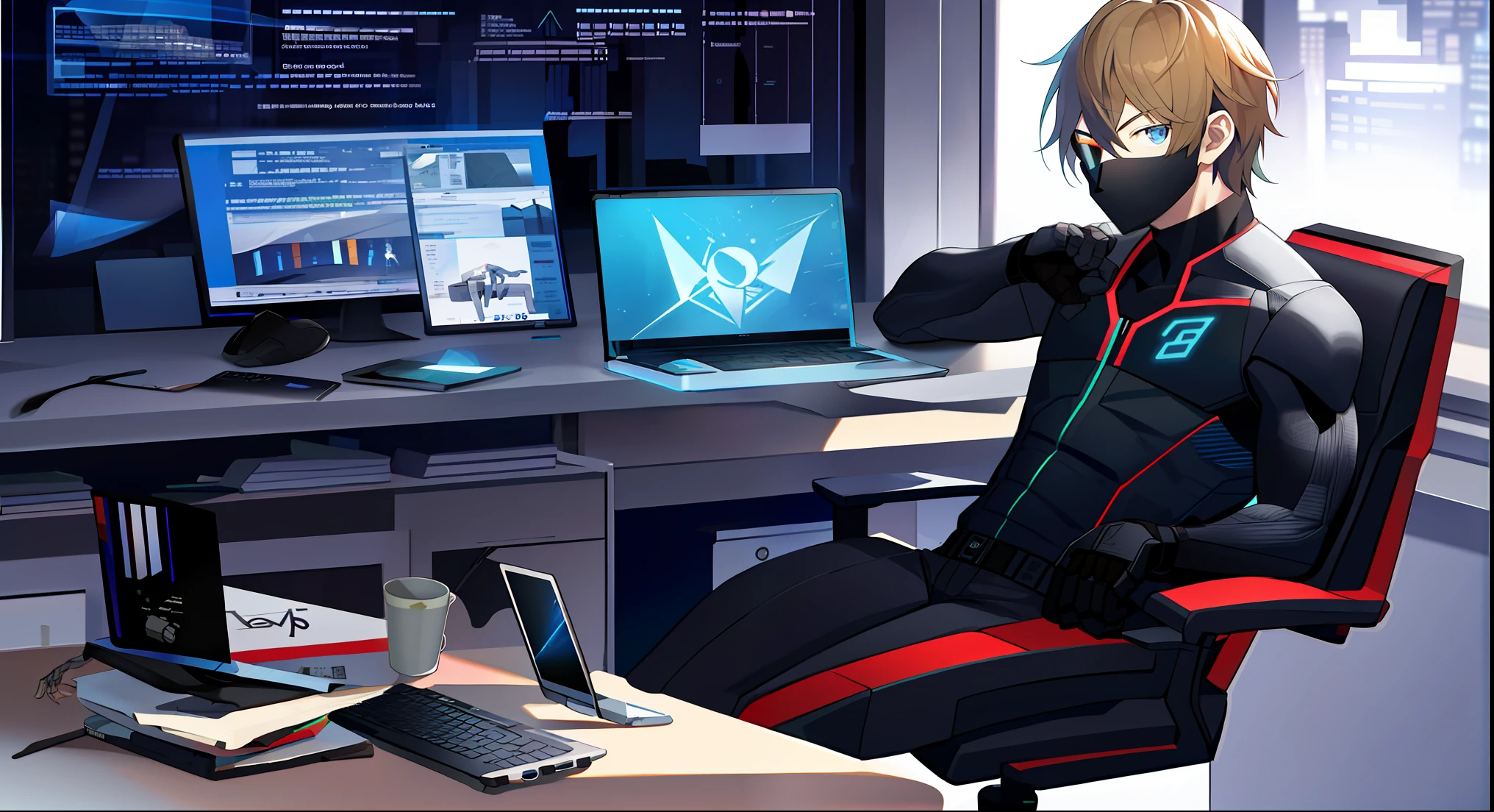 High-Resolution poster, an ultra-Realistic cyborg sitting at an office desk using a laptop, on the notebook screen a world with the Acronyms AI, CYBORG half man half machine
