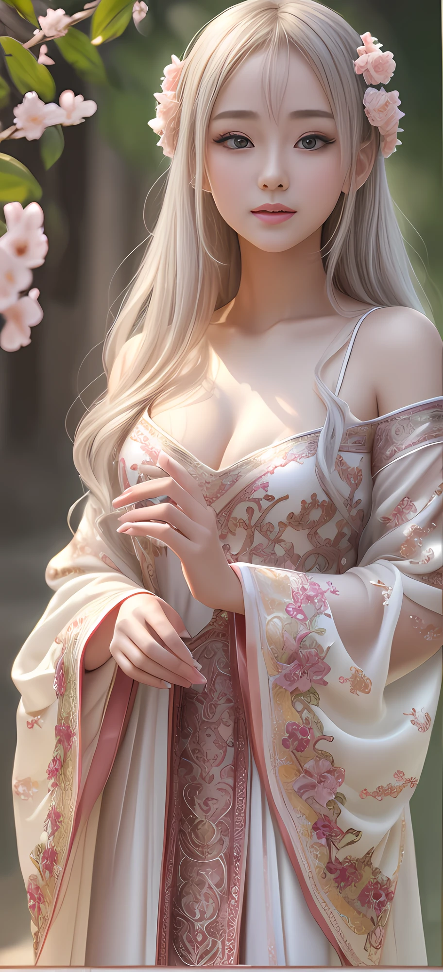 There is a girl in a green dress, plum blossoms, palaces, oriental architecture ray tracing, {best quality}, {{masterpiece}}, extremely detailed 8K wallpaper, {an extremely delicate and beautiful}, colorful, intricately detailed, Realistic, real, camera quality, (detailed depiction of clothes), cool white skin, (detailed depiction of blush), 1080p, sun, soft cuteness, smooth light silver hair, messy beauty, lighting, broken feeling, bright and silky skin , 3D stereoscopic, masterpiece, best quality, super fine illustration, beautiful eyes, very fine light, fine glow, very fine 8K CG wallpaper, peach eyes, red pupils, an extremely delicate and beautiful girl, 8k Wallpaper, best quality, full body close-up, white long dress, luxurious silky bright red chiffon floodlight (magic, glitter, ultra-thin, soft,) Hanfu --auto --s2