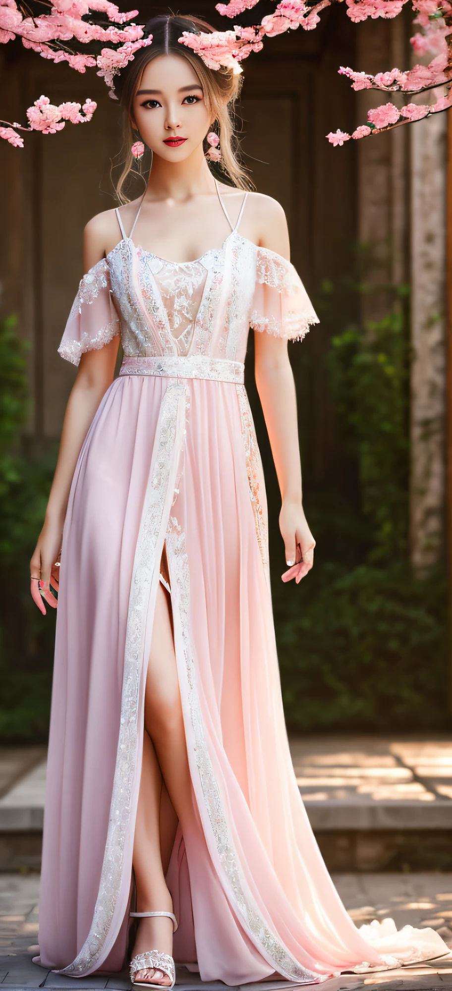There is a girl in a green dress, plum blossoms, palaces, oriental architecture ray tracing, {best quality}, {{masterpiece}}, extremely detailed 8K wallpaper, {an extremely delicate and beautiful}, colorful, intricately detailed, Realistic, real, camera quality, (detailed depiction of clothes), cool white skin, (detailed depiction of blush), 1080p, sun, soft cuteness, smooth light silver hair, messy beauty, lighting, broken feeling, bright and silky skin , 3D stereoscopic, masterpiece, best quality, super fine illustration, beautiful eyes, very fine light, fine glow, very fine 8K CG wallpaper, peach eyes, red pupils, an extremely delicate and beautiful girl, 8k Wallpaper, best quality, full body close-up, white long dress, luxurious silky bright red chiffon floodlight (magic, glitter, ultra-thin, soft,) Hanfu --auto --s2