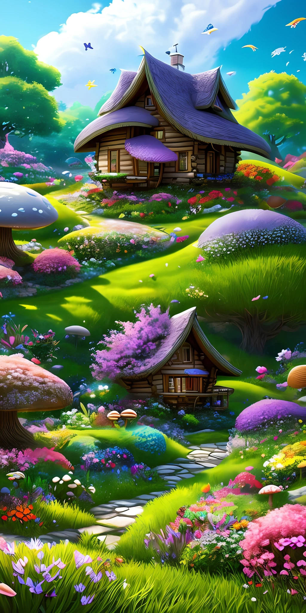 Masterpiece, best quality, (very detailed CG unity 8k wallpaper), (best quality), (best illustration), (best shadow), (round mushroom chalet covered with flowers)), many cabins around, (big trees, white clouds, flocks of birds in the distance), fluttering leaves, petals, ((many flowers on the grass: 1))), isometric 3D, octane rendering, ray tracing, fantasy, dreamy, colorful, very detailed