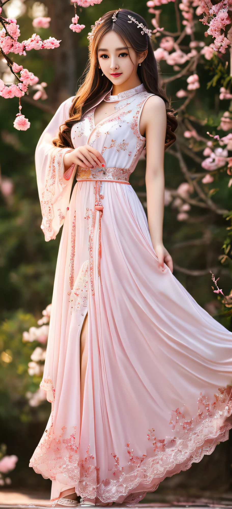 There is a girl in a green dress, plum blossoms, palaces, oriental architecture ray tracing, {best quality}, {{masterpiece}}, extremely detailed 8K wallpaper, {an extremely delicate and beautiful}, colorful, intricately detailed, Realistic, real, camera quality, (detailed depiction of clothes), cool white skin, (detailed depiction of blush), 1080p, sun, soft cuteness, smooth light silver hair, messy beauty, lighting, broken feeling, bright and silky skin , 3D stereoscopic, masterpiece, best quality, super fine illustration, beautiful eyes, very fine light, fine glow, very fine 8K CG wallpaper, peach eyes, red pupils, an extremely delicate and beautiful girl, 8k Wallpaper, best quality, full body close-up, white long dress, luxurious silky bright red chiffon floodlight (magic, glitter, ultra-thin, soft,) Hanfu --auto --s2