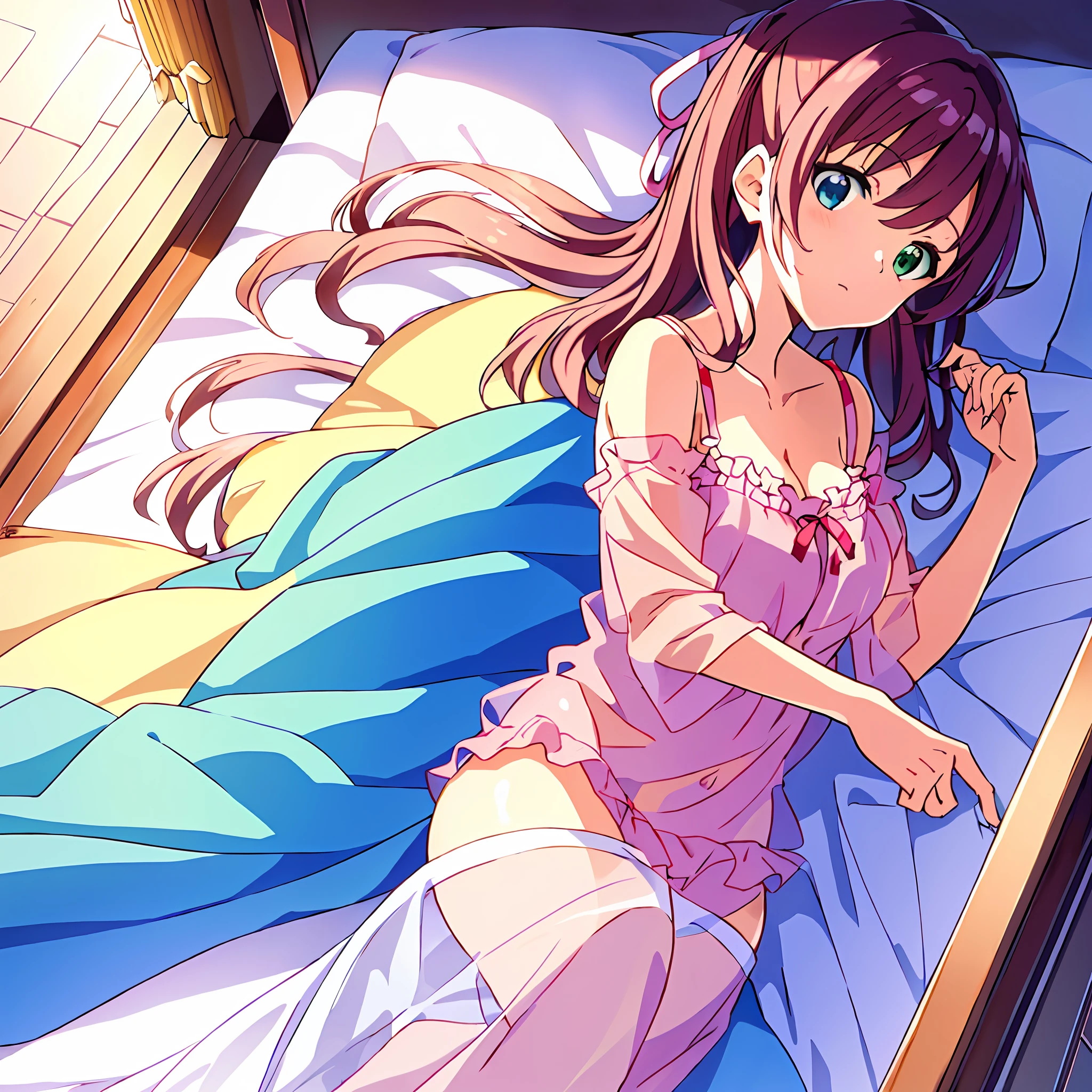 (Masterpiece, Super Detail, Best Quality, 8K, 32K, HDTV, Kyoto Animation Style Anime Illustration, Best Picture Official Art Function: 1.6), (Heterochromia, Blue and Green Eyes: 1.8), Shining Eyes, (pale pink hair, twin blades, long hair, hair ribbons, cute ribbons: 1.1), slender eyebrows, big breasts, sheer pajamas, upper body fluttering, bed, left side lying position, no bra, no panties