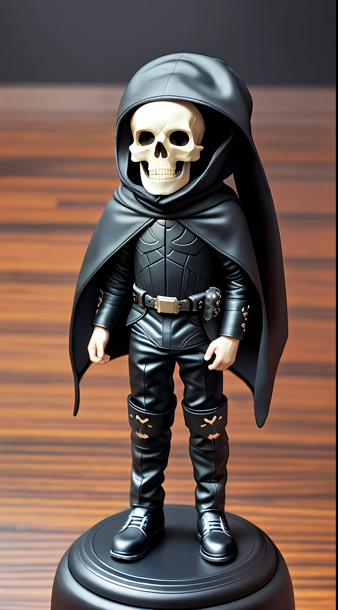 figure of a skull, black cape from head to toe, a very small skull (5 years), wearing a black boot, on top of an old table, action shot, solo, (1boy:1.3), (skull:1.3), dynamic pose, flawless, RAW, medium close-up up, model photography, high detail, insane detail, depth of field