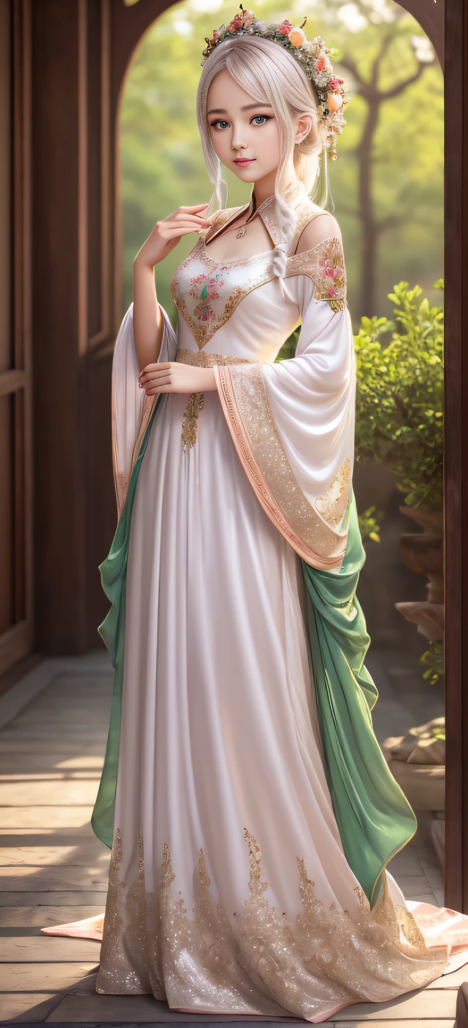 There is a girl in a green dress, plum blossoms, palaces, oriental architecture ray tracing, {best quality}, {{masterpiece}}, extremely detailed 8K wallpaper, {an extremely delicate and beautiful}, colorful, intricately detailed, Realistic, real, camera quality, (detailed depiction of clothes), cool white skin, (detailed depiction of blush), 1080p, sun, soft cuteness, smooth light silver hair, messy beauty, lighting, broken feeling, bright and silky skin , 3D stereoscopic, masterpiece, best quality, super fine illustration, beautiful eyes, very fine light, fine glow, very fine 8K CG wallpaper, peach eyes, red pupils, an extremely delicate and beautiful girl, 8k Wallpaper, best quality, full body close-up, white long dress, luxurious silky bright red chiffon floodlight (magic, glitter, ultra-thin, soft,) Hanfu --auto --s2