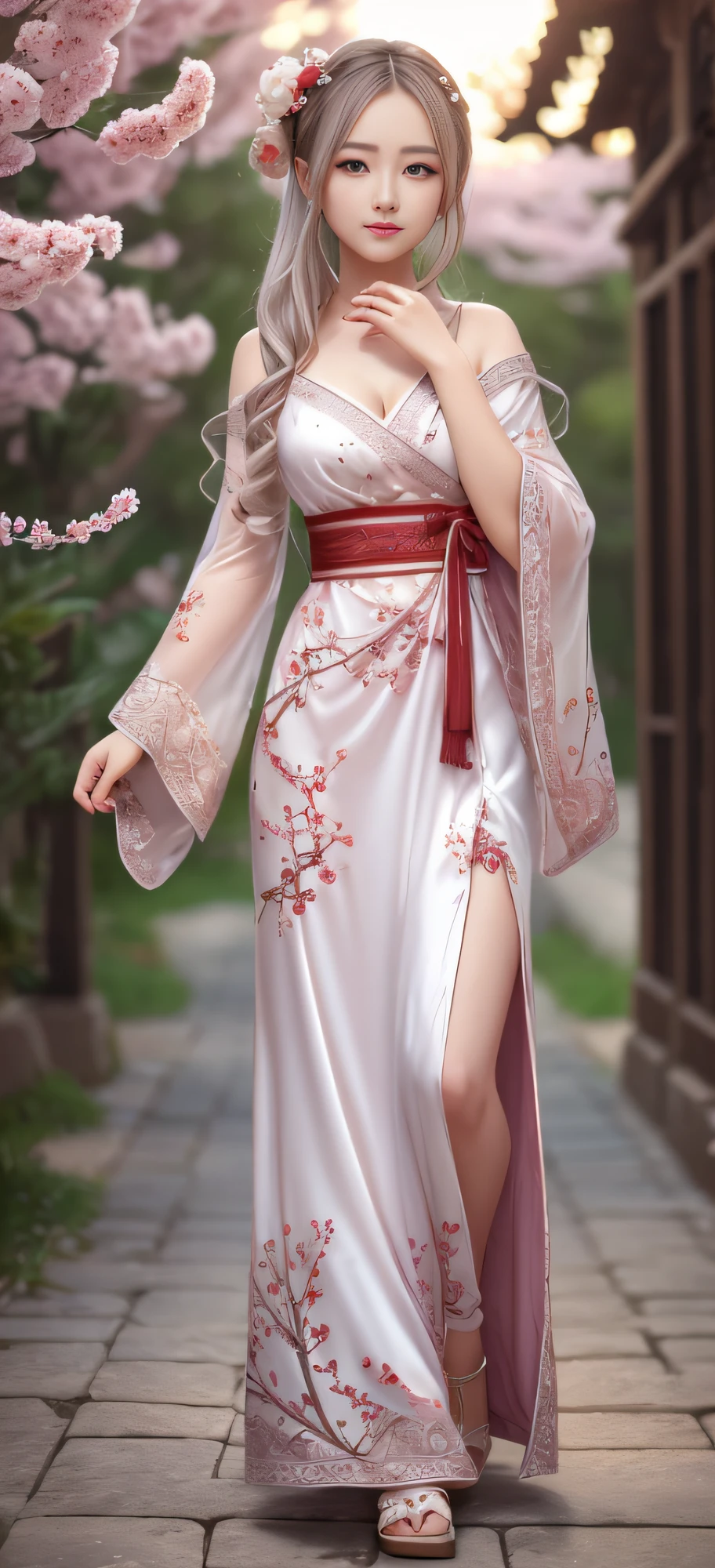There is a girl in a green dress, plum blossoms, palaces, oriental architecture ray tracing, {best quality}, {{masterpiece}}, extremely detailed 8K wallpaper, {an extremely delicate and beautiful}, colorful, intricately detailed, Realistic, real, camera quality, (detailed depiction of clothes), cool white skin, (detailed depiction of blush), 1080p, sun, soft cuteness, smooth light silver hair, messy beauty, lighting, broken feeling, bright and silky skin , 3D stereoscopic, masterpiece, best quality, super fine illustration, beautiful eyes, very fine light, fine glow, very fine 8K CG wallpaper, peach eyes, red pupils, an extremely delicate and beautiful girl, 8k Wallpaper, best quality, full body close-up, white long dress, luxurious silky bright red chiffon floodlight (magic, glitter, ultra-thin, soft,) Hanfu --auto --s2