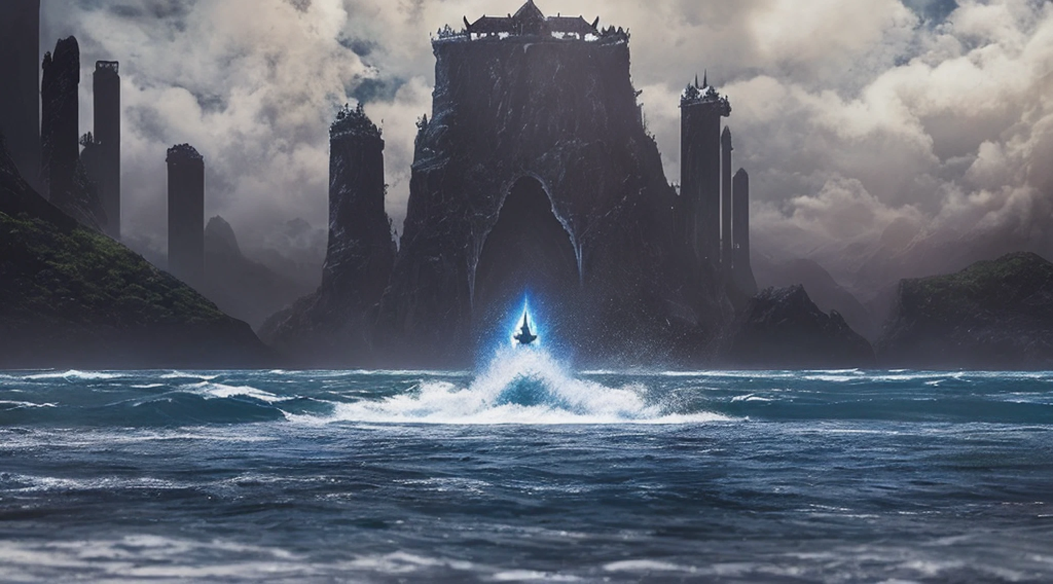 there is a large body of water with a castle in the background, epic matte painting of an island, by Christopher Balaskas, sci fi epic digital art, andreas rocha style, bastien grivet, symmetric matte painting, epic cinematic matte painting, symmetrical epic fantasy art, concept art 4k, concept art 4 k, inspired by Christopher Balaskas