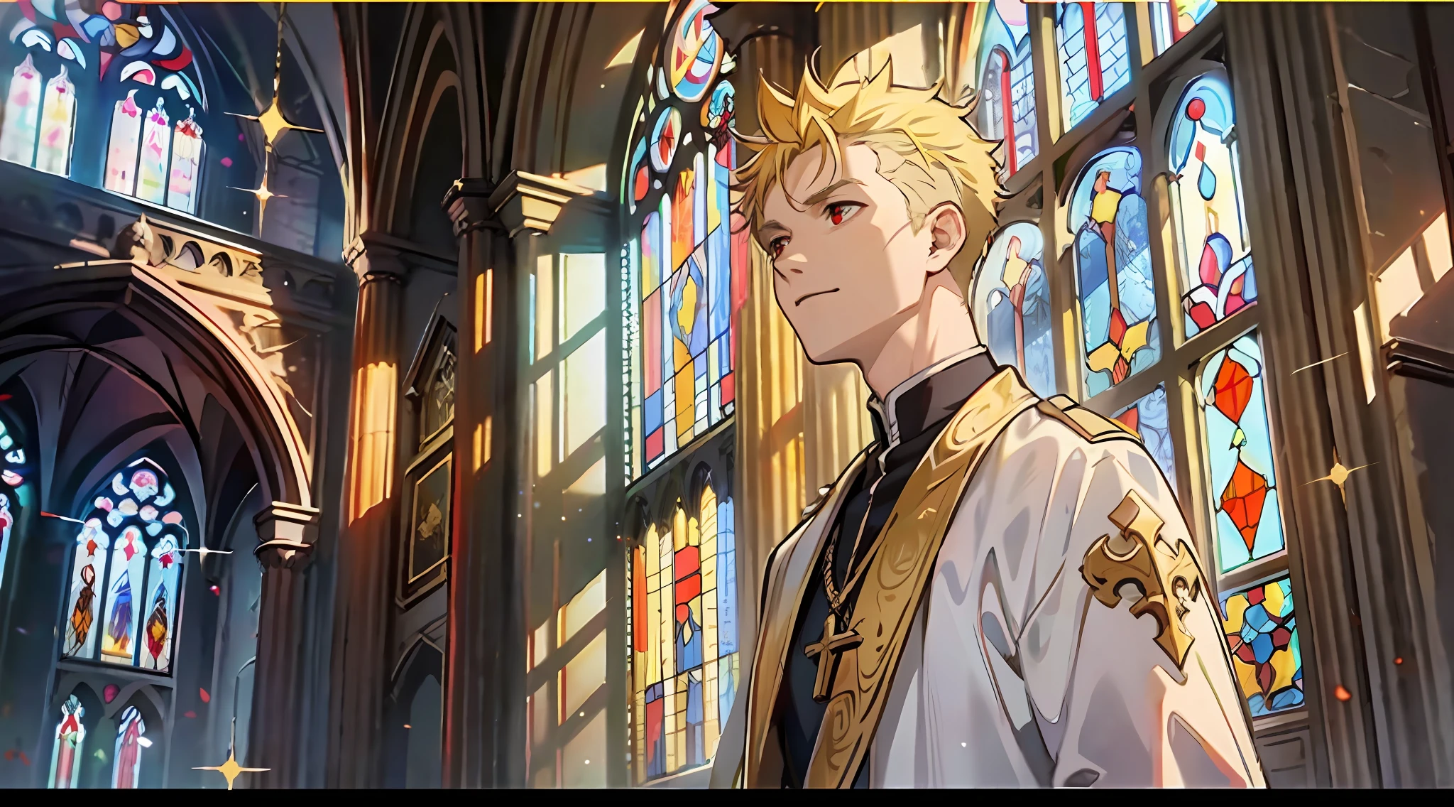 ((Masterpiece: 1.4, highest quality)), ((Masterpiece, highest quality)), (Church: 1.2), (Fragment: 1.2), (Stained Glass: 1.3), Pillar, Sky Cover, Praying, ((spiked hair with Very Short Blonde and Red Eyes )), Priest, Gentle smile, (Light particles), (Feathers: 1.3), (Sunlight coming through the window), Bright atmosphere, (Behold: 1.3), Cowboy Shot