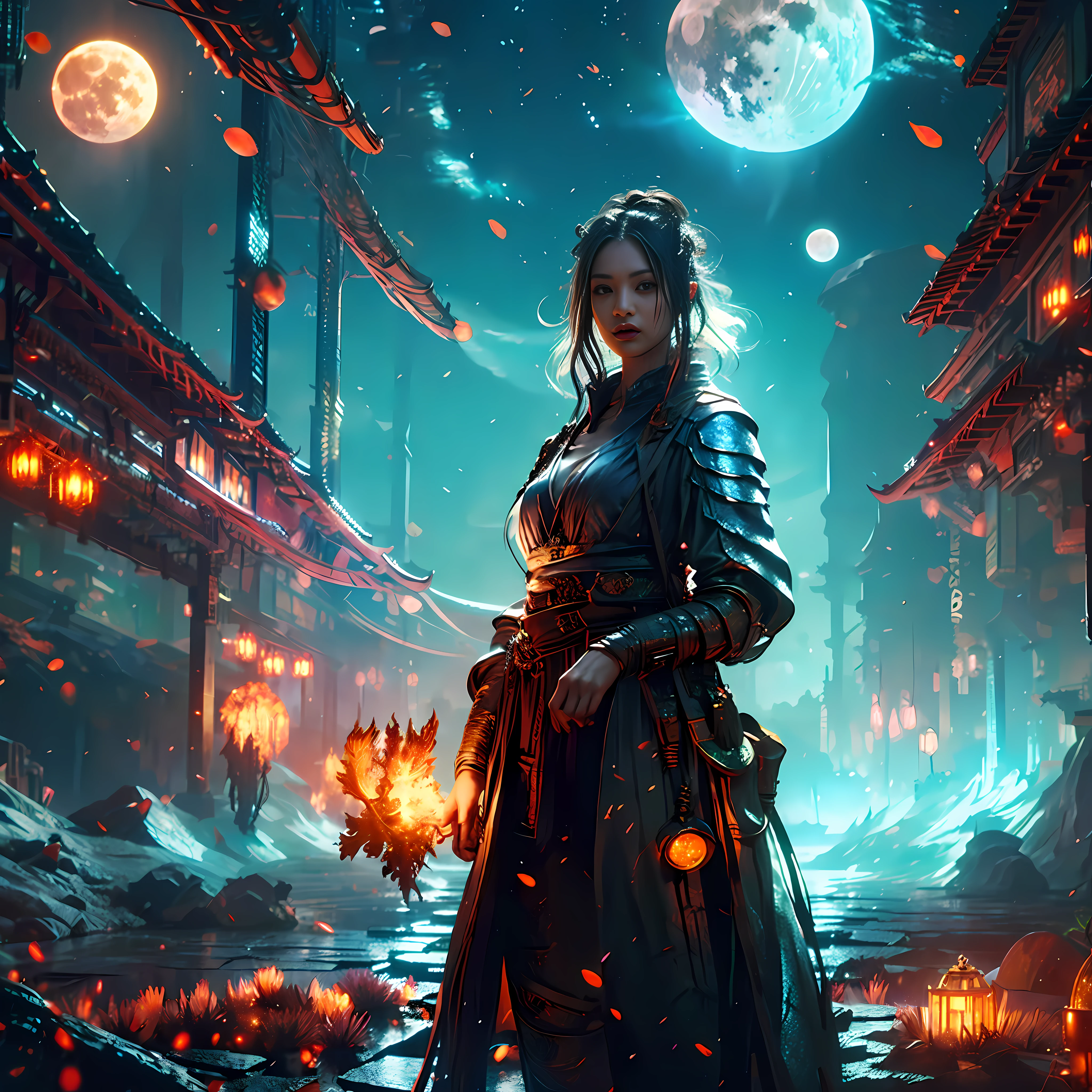 expansive landscape photograph , (a view from below that shows sky above and open field below), a girl standing on flower field looking up, (full moon:1.2), ( shooting stars:0.9), (nebula:1.3), distant mountain, tree BREAK production art, (warm light source:1.2), (Firefly:1.2), lamp, lot of purple and orange, intricate details, volumetric lighting, realism BREAK (masterpiece:1.2), (best quality), 4k, ultra-detailed, (dynamic composition:1.4), highly detailed, colorful details,( iridescent colors:1.2), (glowing lighting, atmospheric lighting), dreamy, magical, (solo:1.2)