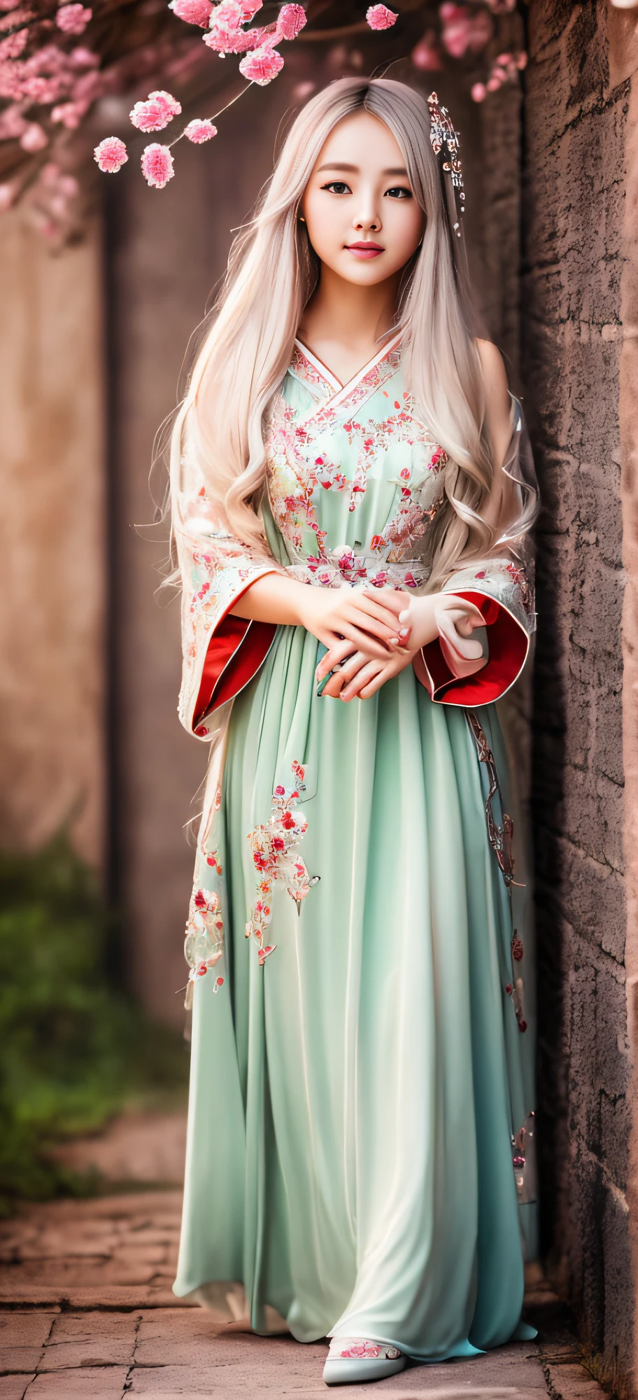 There is a girl in a green dress, plum blossoms, palaces, oriental architecture ray tracing, {best quality}, {{masterpiece}}, extremely detailed 8K wallpaper, {an extremely delicate and beautiful}, colorful, intricately detailed, Realistic, real, camera quality, (detailed depiction of clothes), cool white skin, (detailed depiction of blush), 1080p, sun, soft cuteness, smooth light silver hair, messy beauty, lighting, broken feeling, bright and silky skin , 3D stereoscopic, masterpiece, best quality, super fine illustration, beautiful eyes, very fine light, fine glow, very fine 8K CG wallpaper, peach eyes, red pupils, an extremely delicate and beautiful girl, 8k Wallpaper, best quality, full body close-up, white long dress, luxurious silky bright red chiffon floodlight (magic, glitter, ultra-thin, soft,) Hanfu --auto --s2