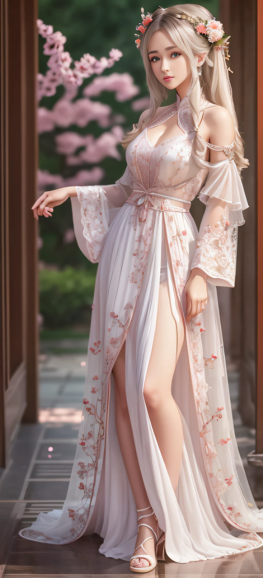 There is a girl in a green dress, plum blossoms, palaces, oriental architecture ray tracing, {best quality}, {{masterpiece}}, extremely detailed 8K wallpaper, {an extremely delicate and beautiful}, colorful, intricately detailed, Realistic, real, camera quality, (detailed depiction of clothes), cool white skin, (detailed depiction of blush), 1080p, sun, soft cuteness, smooth light silver hair, messy beauty, lighting, broken feeling, bright and silky skin , 3D stereoscopic, masterpiece, best quality, super fine illustration, beautiful eyes, very fine light, fine glow, very fine 8K CG wallpaper, peach eyes, red pupils, an extremely delicate and beautiful girl, 8k Wallpaper, best quality, full body close-up, white long dress, luxurious silky bright red chiffon floodlight (magic, glitter, ultra-thin, soft,) Hanfu --auto --s2