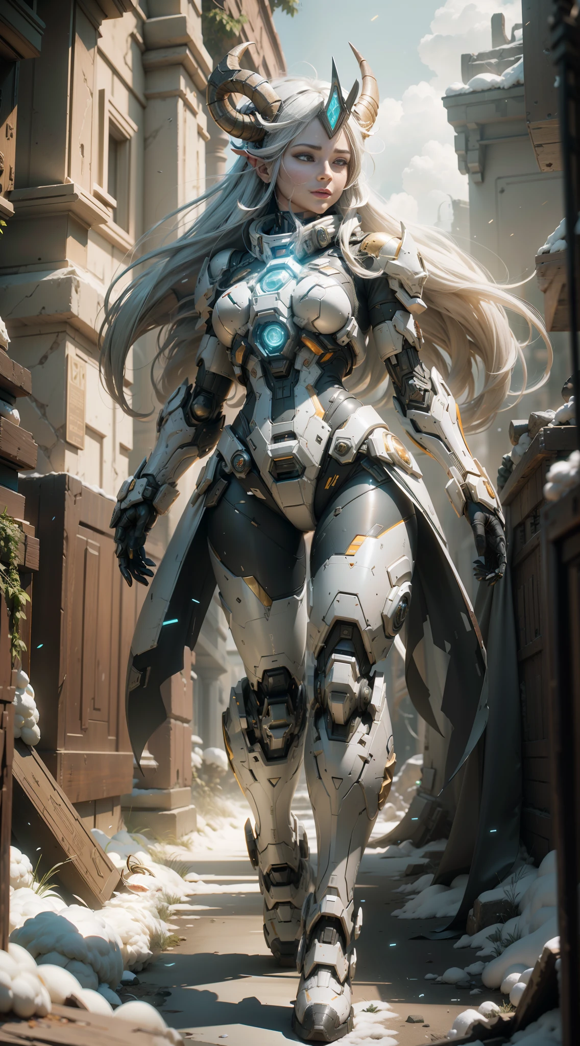 ((Best Quality)), ((Masterpiece)), (Very detailed: 1.3), 3D, Shitu-mecha, Full body, 1 beautiful woman, smiling, long hair, mech wearing white color scheme with horns on head, (mech with sheep wool decoration), ruins of cities in forgotten wars, ancient technology, HDR (High Dynamic Range), ray tracing, NVIDIA RTX, Super Resolution, Unreal 5, Subsurface scattering, PBR texture, Post processing, Anisotropic filtering, Depth of field, Maximum Clarity and Acutance, Multi-layer Textures, Albedo and Highlight Maps, Surface Shading, Accurate Simulation of Light-Material Interactions, Perfect Proportions, Octane Rendering, Two-tone Lighting, Low ISO, White Balance, Rule of Thirds, Wide Aperture, 8K RAW, High Efficiency Sub-Pixel, Subpixel Convolution, Luminous Particles, Light Scattering, Tyndall Effect