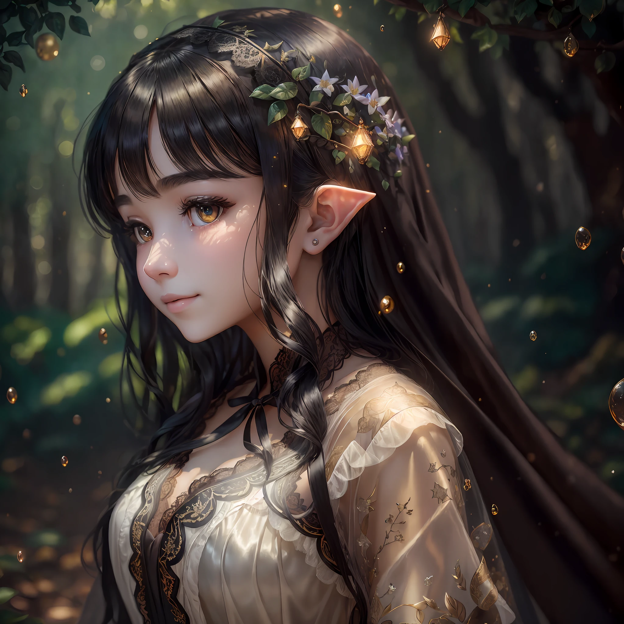 A Masterpiece, (Real:1.3), Bust Shot, Cinematic Lighting, Very detail, Sharp Focus, Very detail, a Hyper Realistic, and depth of field, Global Illumination, Volumetric Lighting, Subsurface Scattering, Caustics, Bloom, [Reflection], [Shadow], In the forest (mysterious fountain: 1.05), small pointy ears, white clouds, rainbow, very long black hair, brown eyes, silk, (lace: 1.1), transparent, fantasy landscape, age elf girl wearing shiny black silk lace kimono, with a kind smile, black hair, bokeh  , BEST QUALITY, BEST QUALITY --auto --s2
